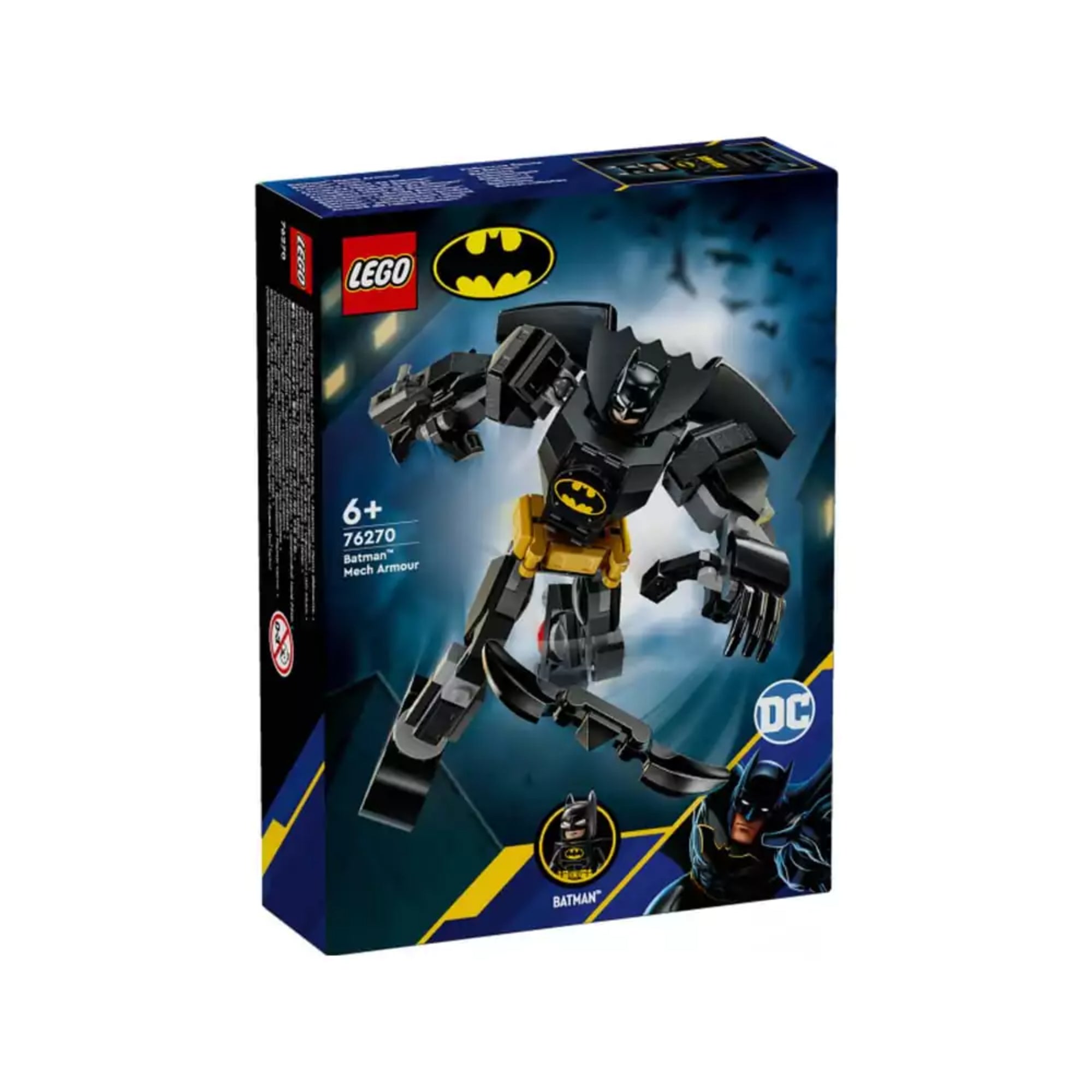 A képen a LEGO DC 76270-es szett doboza látható, amely a „Batman: Mech Armour” névre hallgat. A csomag egy erőteljes, fekete-arany színű, páncélozott robotruhát tartalmaz, amelybe Batman minifigurája illeszthető. A mech figura ikonikus denevéres logóval, hatalmas mozgatható karokkal és egy denevérszárny formájú kiegészítővel van felszerelve.