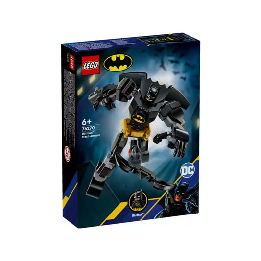 A képen a LEGO DC 76270-es szett doboza látható, amely a „Batman: Mech Armour” névre hallgat. A csomag egy erőteljes, fekete-arany színű, páncélozott robotruhát tartalmaz, amelybe Batman minifigurája illeszthető. A mech figura ikonikus denevéres logóval, hatalmas mozgatható karokkal és egy denevérszárny formájú kiegészítővel van felszerelve.