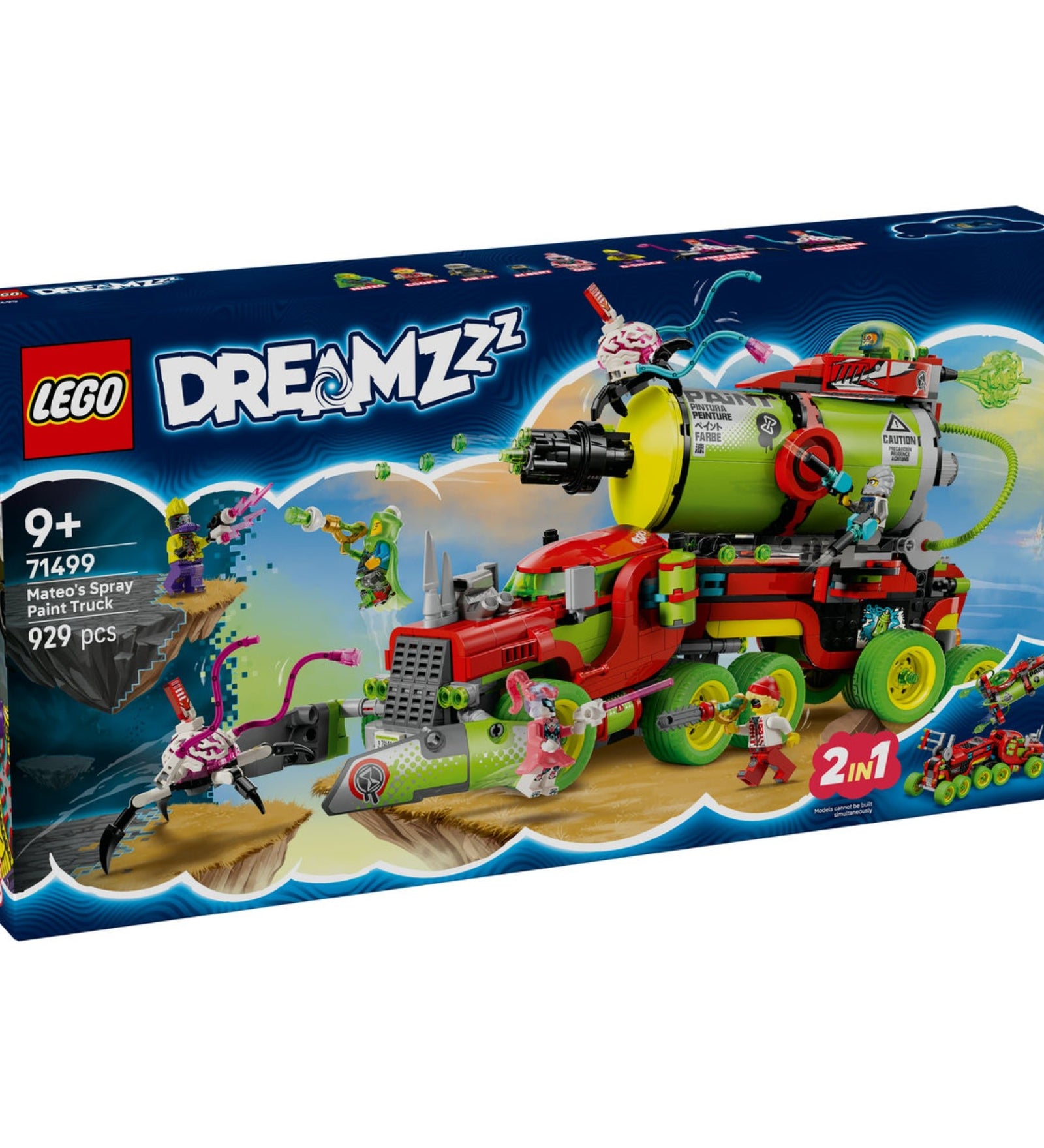 LEGO DREAMZzz Mateo festékszóró kocsija (71499) doboza szemből, látványos grafikával, rajta a jármű és az akciódús jelenet részletei.
