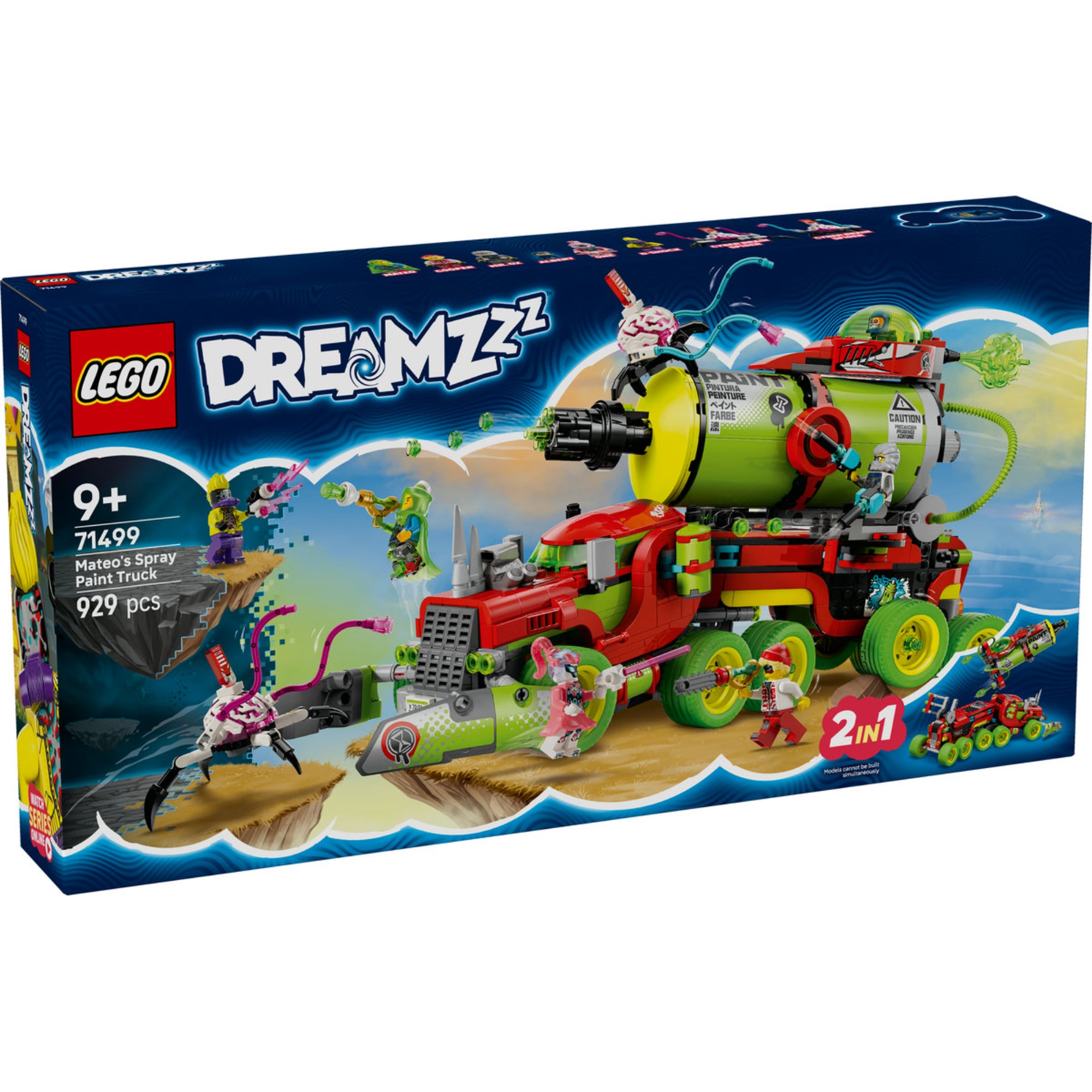 LEGO DREAMZzz Mateo festékszóró kocsija (71499) doboza szemből, látványos grafikával, rajta a jármű és az akciódús jelenet részletei.