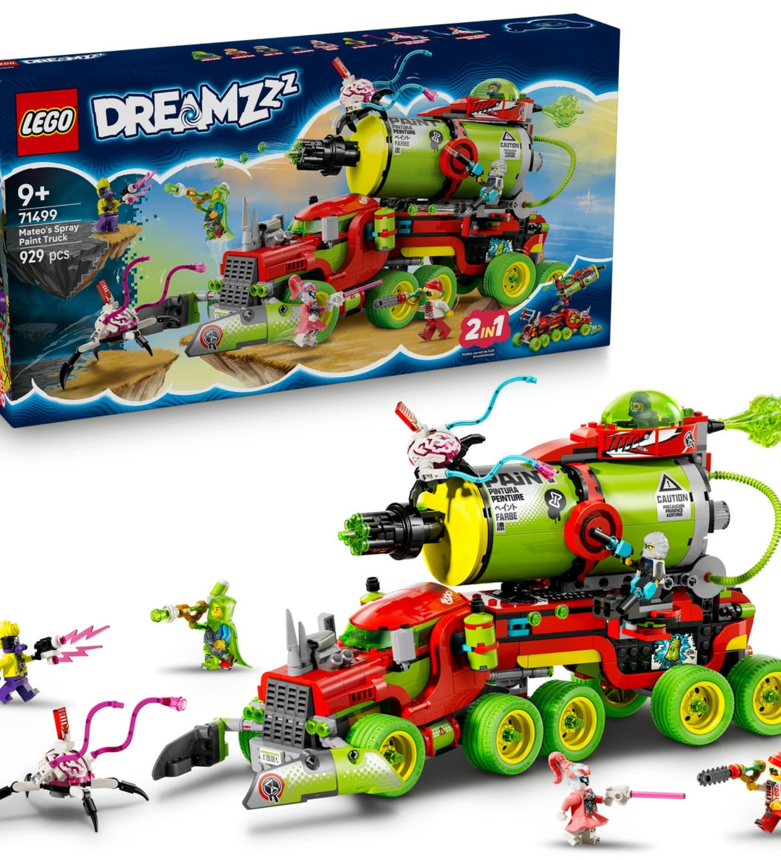 LEGO DREAMZzz Mateo festékszóró kocsija (71499) doboza és a teljes összeépített készlet, látványos zöld-fekete festékszóróval felszerelt teherautóval és akciójelenetet bemutató minifigurákkal.