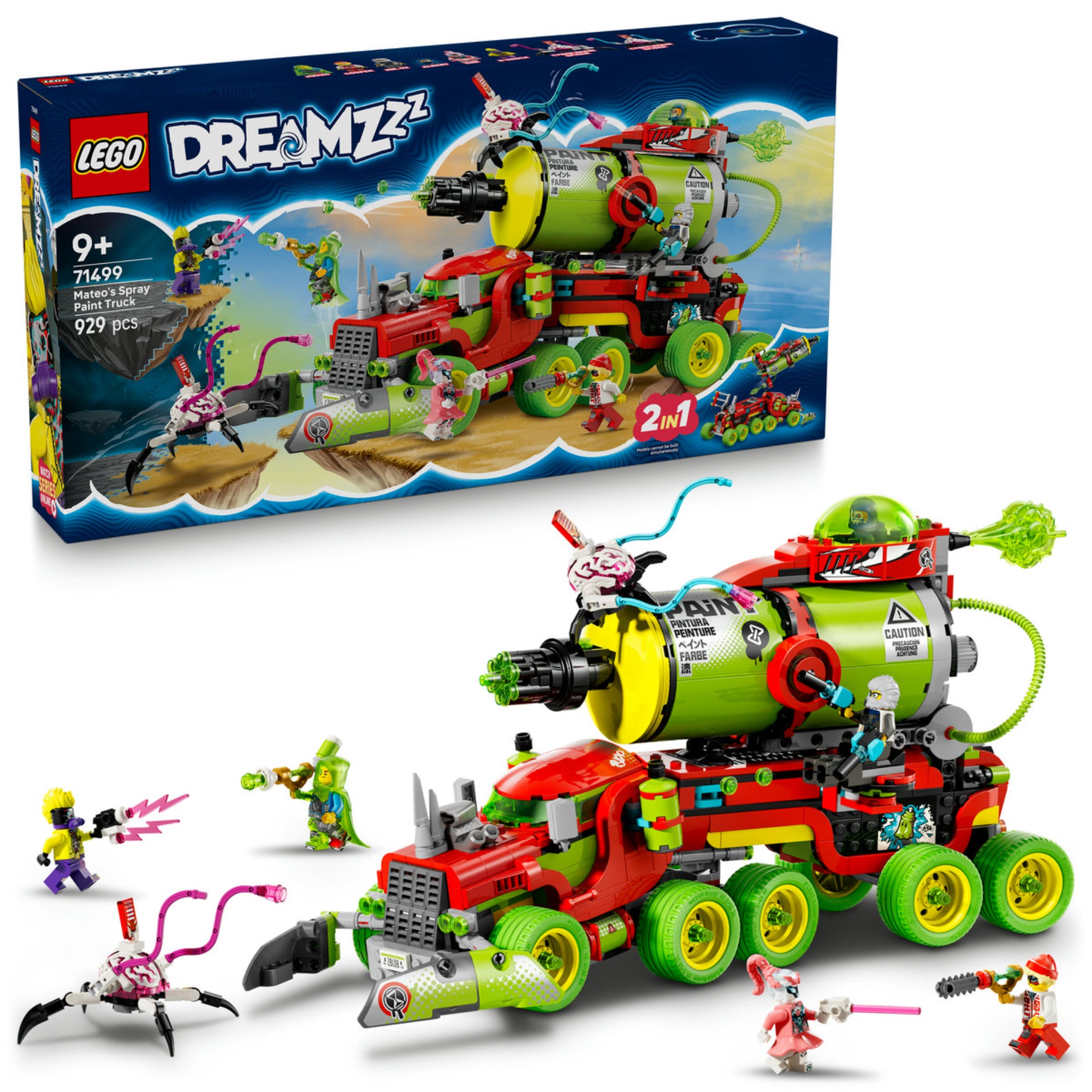 LEGO DREAMZzz Mateo festékszóró kocsija (71499) doboza és a teljes összeépített készlet, látványos zöld-fekete festékszóróval felszerelt teherautóval és akciójelenetet bemutató minifigurákkal.