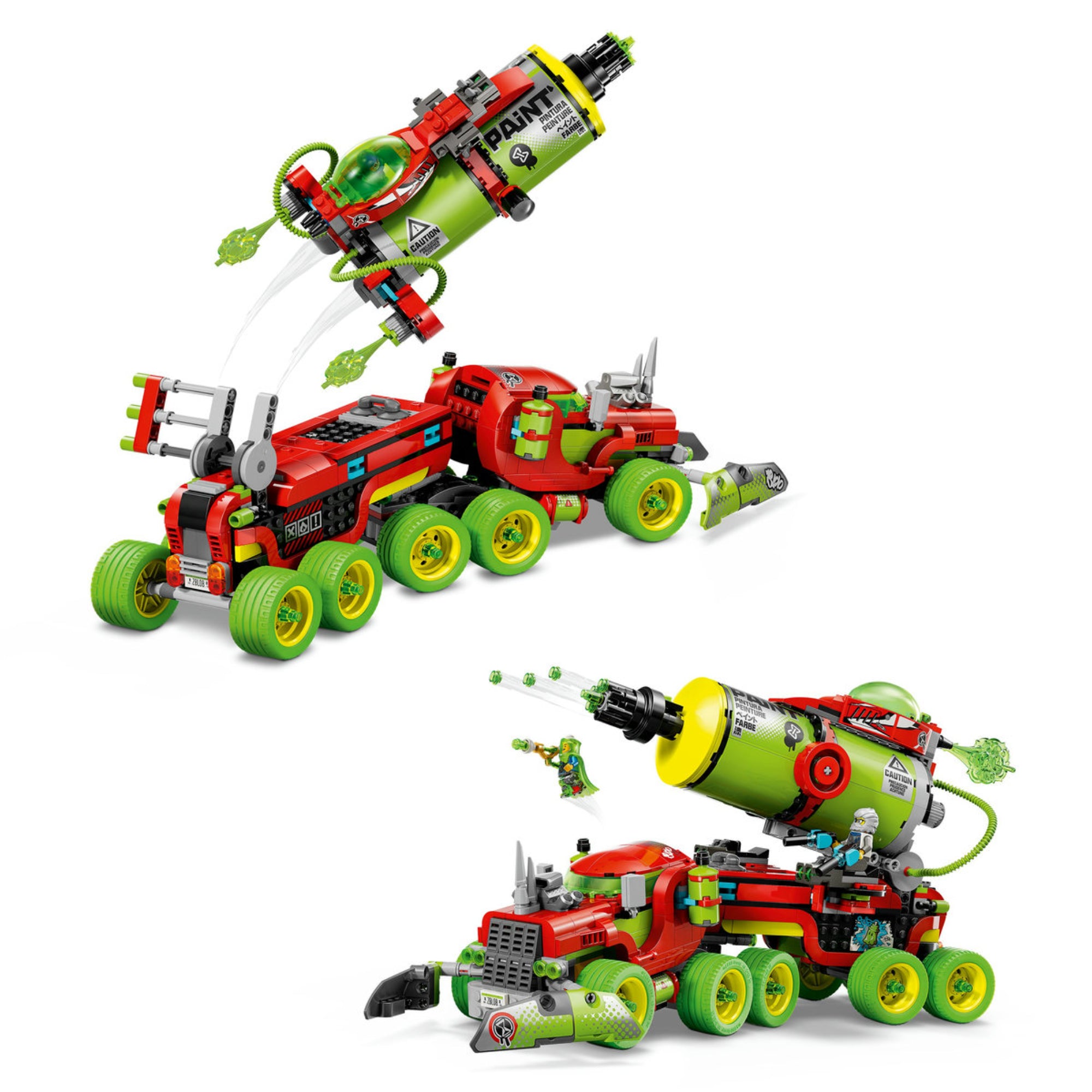 LEGO DREAMZzz Mateo festékszóró kocsija (71499) kreatív illusztrációja kétféle járműverzióval, levehető festékszóró modullal és lövedék-effektekkel.