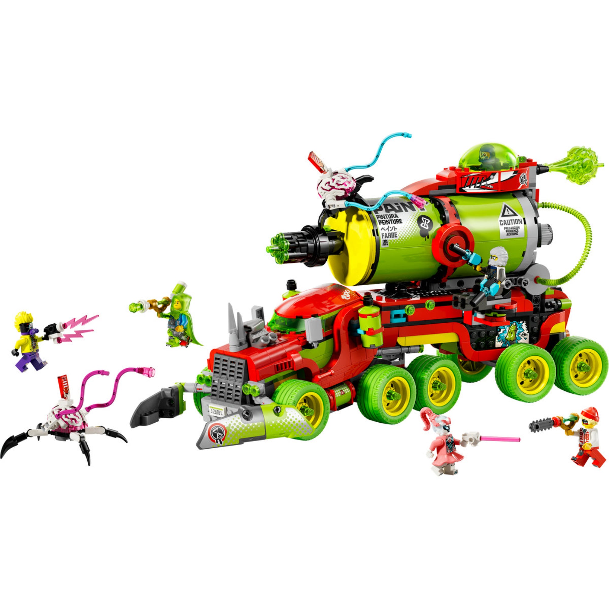LEGO DREAMZzz Mateo festékszóró kocsija (71499) készlet színes alkatrészekből épített óriási járművel, sárga festékágyúval és zöld kerekekkel, körülötte hét minifigurával és kiegészítőkkel.
