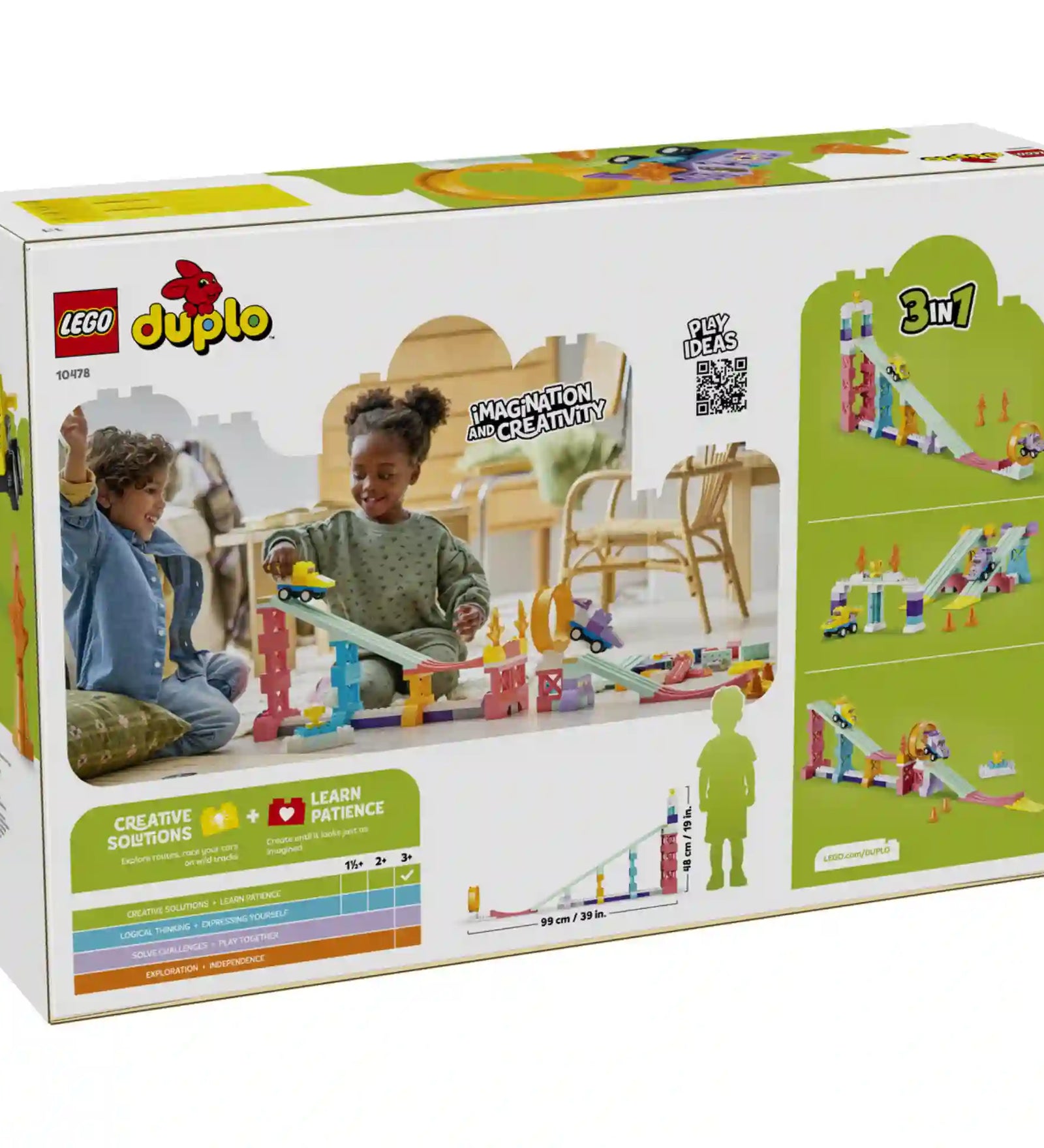 LEGO DUPLO 3 az 1-ben Kreatív versenypályák járművekkel (10478) doboz hátoldala, amely játék közben mutatja a készletet, valamint a három különböző versenypálya-összeállítás lehetőségeit.