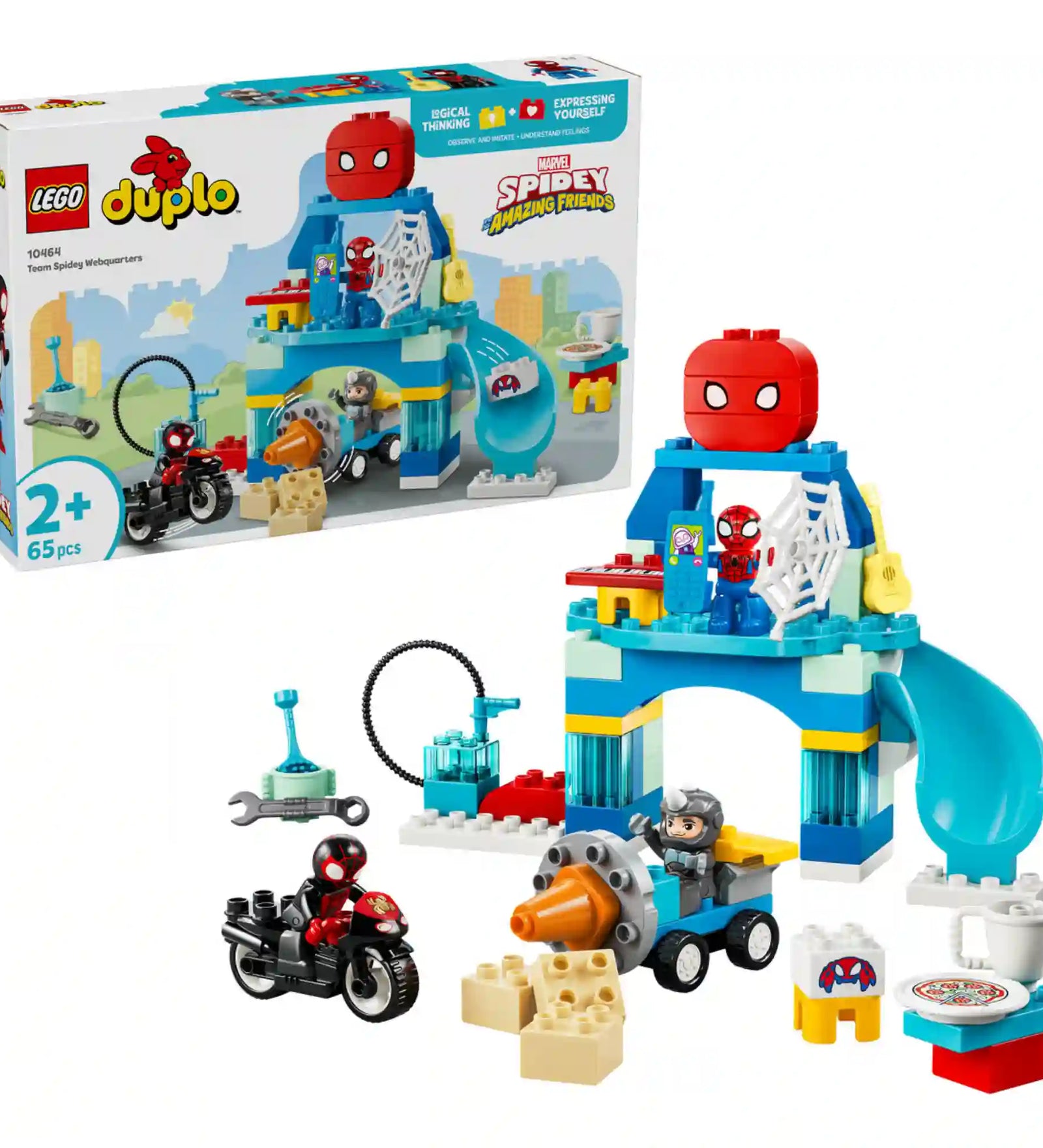 LEGO DUPLO Marvel Pókember csapata főhadiszállása 10464 készlet doboza és teljes tartalma, Pókemberes bázissal, csúszdával, motorral és figurákkal.