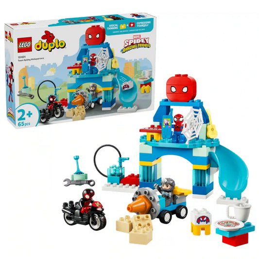 LEGO DUPLO Marvel Pókember csapata főhadiszállása 10464 készlet doboza és teljes tartalma, Pókemberes bázissal, csúszdával, motorral és figurákkal.