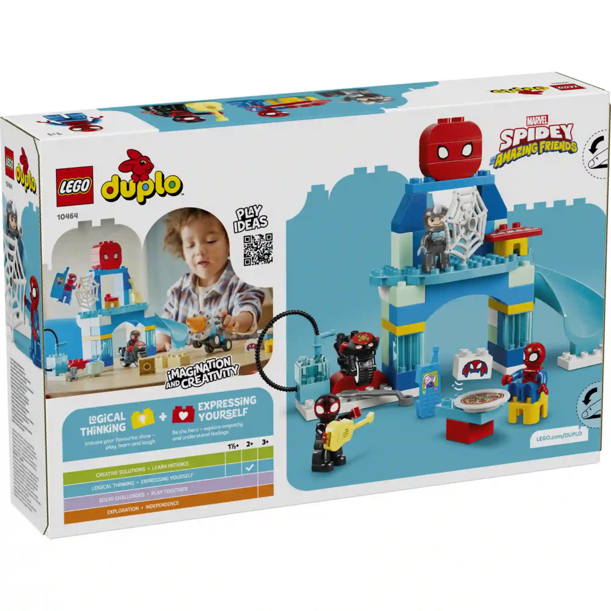 LEGO DUPLO Marvel Pókember csapata főhadiszállása 10464 készlet hátoldali dobozképe, amely a játéklehetőségeket, a figurákat és a kiegészítő elemeket szemlélteti.