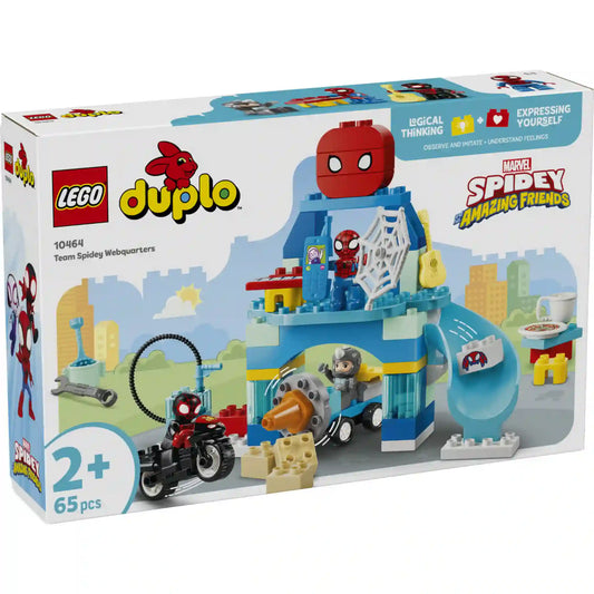 LEGO DUPLO Marvel Pókember csapata főhadiszállása 10464 készlet elölnézeti dobozképe, amely bemutatja a Pókember főhadiszállást, a járműveket és a játékfunkciókat.