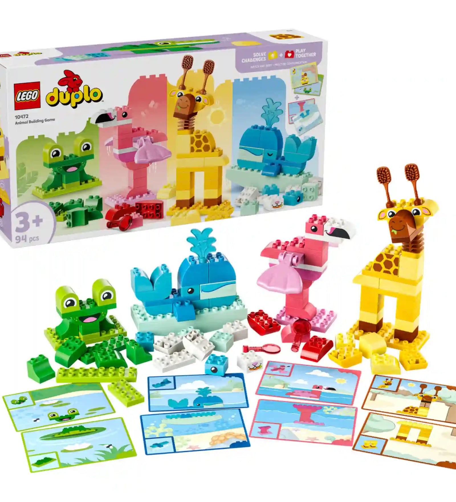 LEGO DUPLO Állatépítő játék (10472) teljes tartalma a megépíthető állatfigurákkal, színes DUPLO elemekkel és mintakártyákkal, amelyek segítik a kreatív állatépítést és a problémamegoldó készségek fejlesztését.