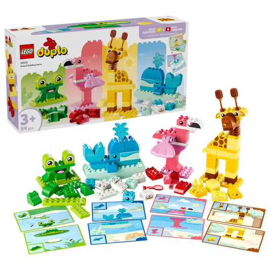LEGO DUPLO Állatépítő játék (10472) teljes tartalma a megépíthető állatfigurákkal, színes DUPLO elemekkel és mintakártyákkal, amelyek segítik a kreatív állatépítést és a problémamegoldó készségek fejlesztését.