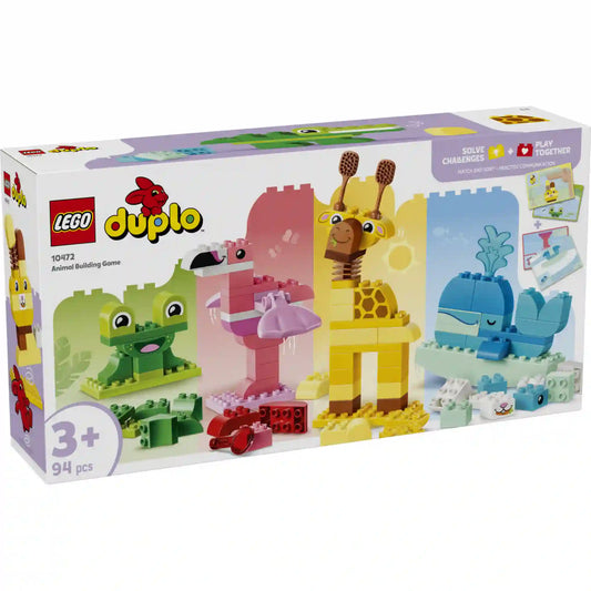 LEGO DUPLO Állatépítő játék (10472) dobozképe, amely békát, flamingót, zsiráfot és bálnát ábrázoló építhető állatmodelleket, valamint a készlet fejlesztő funkcióit mutatja be.