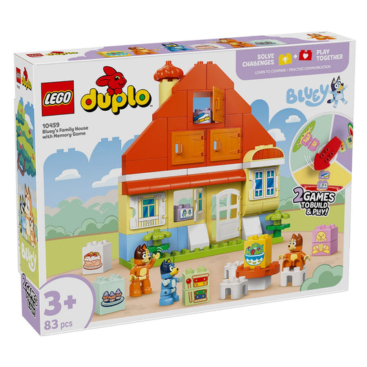 LEGO DUPLO Bluey családi ház készlet dobozképe, a házzal és a Bluey figurákkal.
