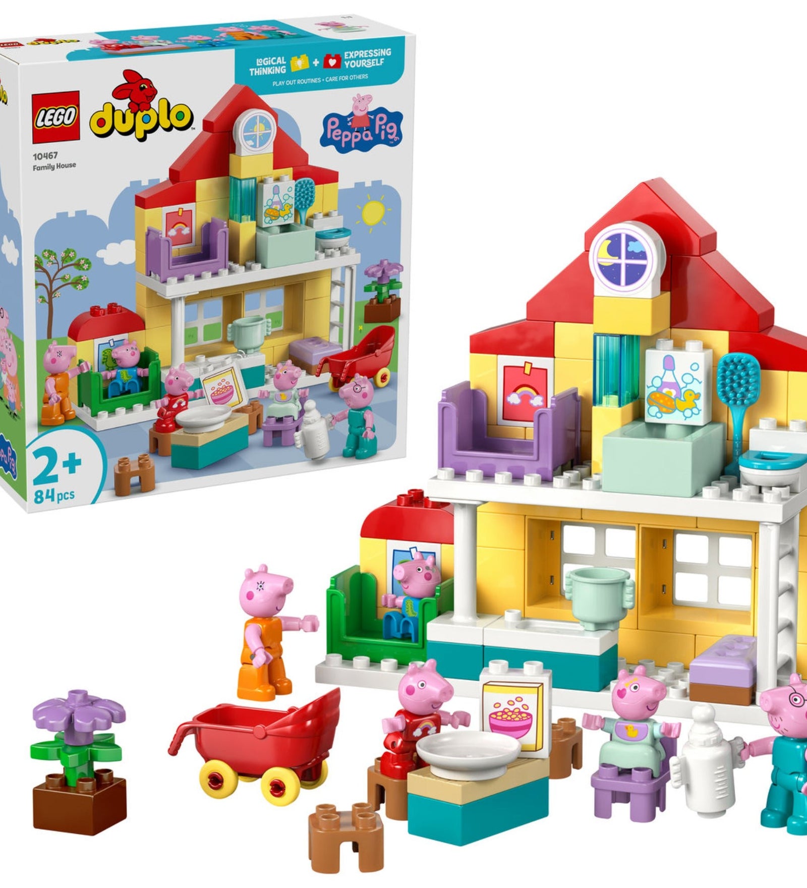LEGO DUPLO 10467 Family House készlet doboza és az összeépített Peppa malac családi ház figurákkal és kiegészítőkkel.