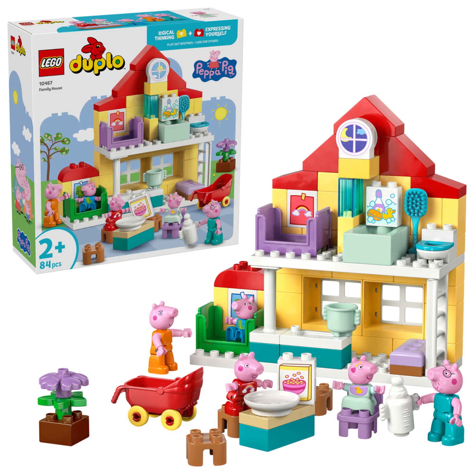 LEGO DUPLO 10467 Family House készlet doboza és az összeépített Peppa malac családi ház figurákkal és kiegészítőkkel.
