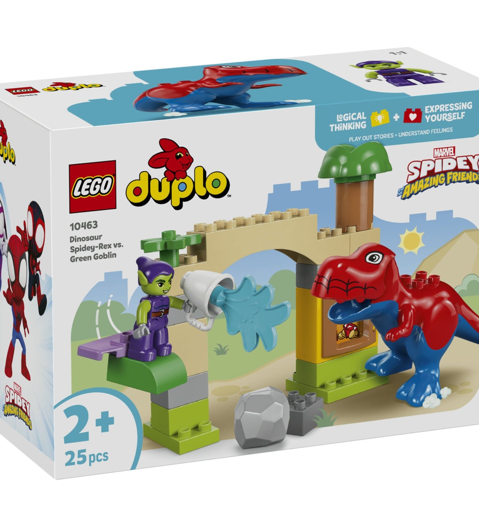 LEGO DUPLO 10463 Dinosaur Spidey-Rex vs. Green Goblin dobozkép Spidey dinoszaurusszal és Zöld Manó figurával.