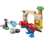 LEGO DUPLO 10463 Dinosaur Spidey-Rex vs. Green Goblin készlet – piros-kék Spidey dinoszaurusz, Zöld Manó figurával és boltíves építménnyel.