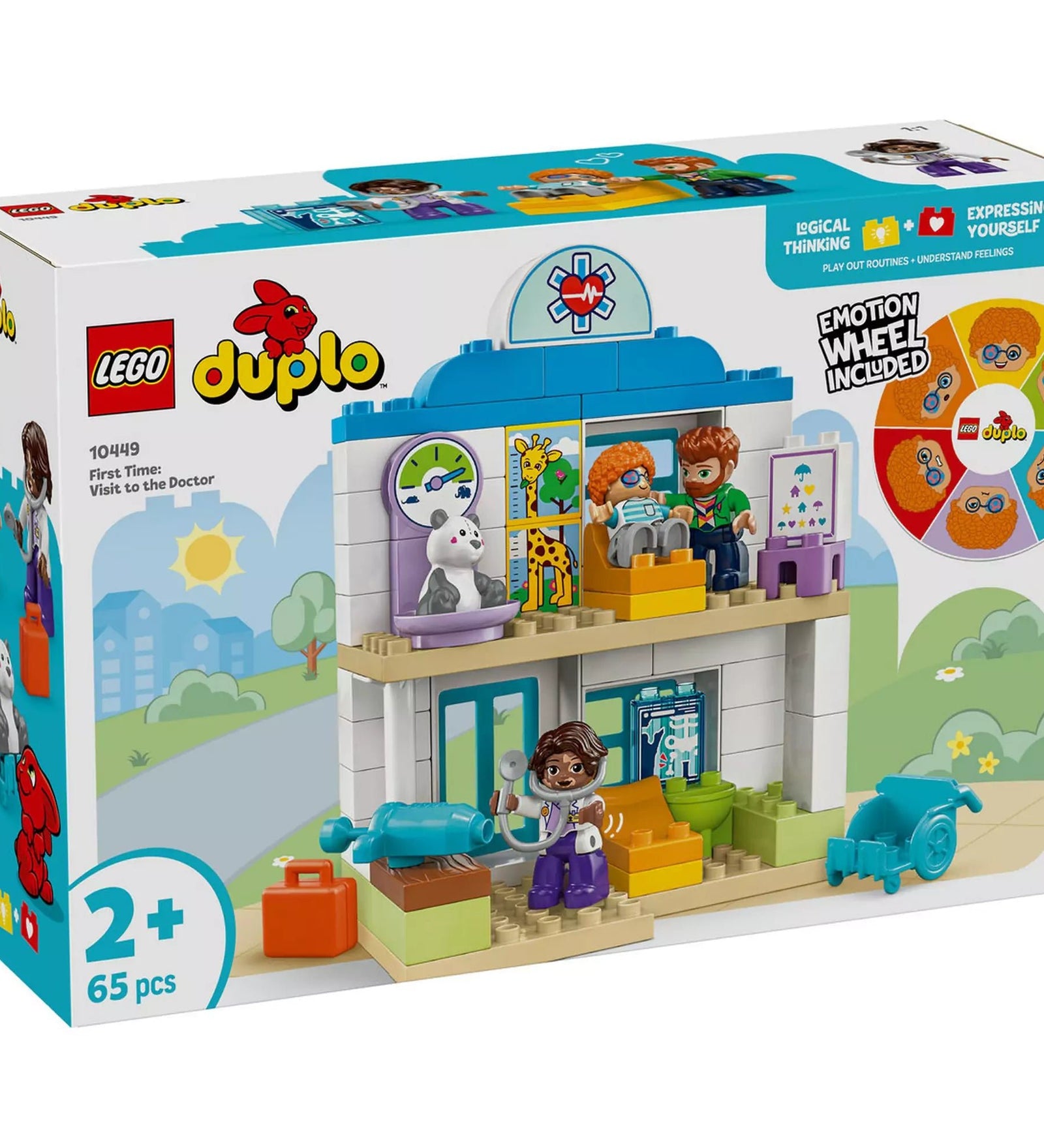 A LEGO DUPLO Első látogatás az orvosnál (10449) doboza, amely egy színes, orvosi rendelőt ábrázoló játékkészletet mutat be, különleges érzelemkerékkel.

