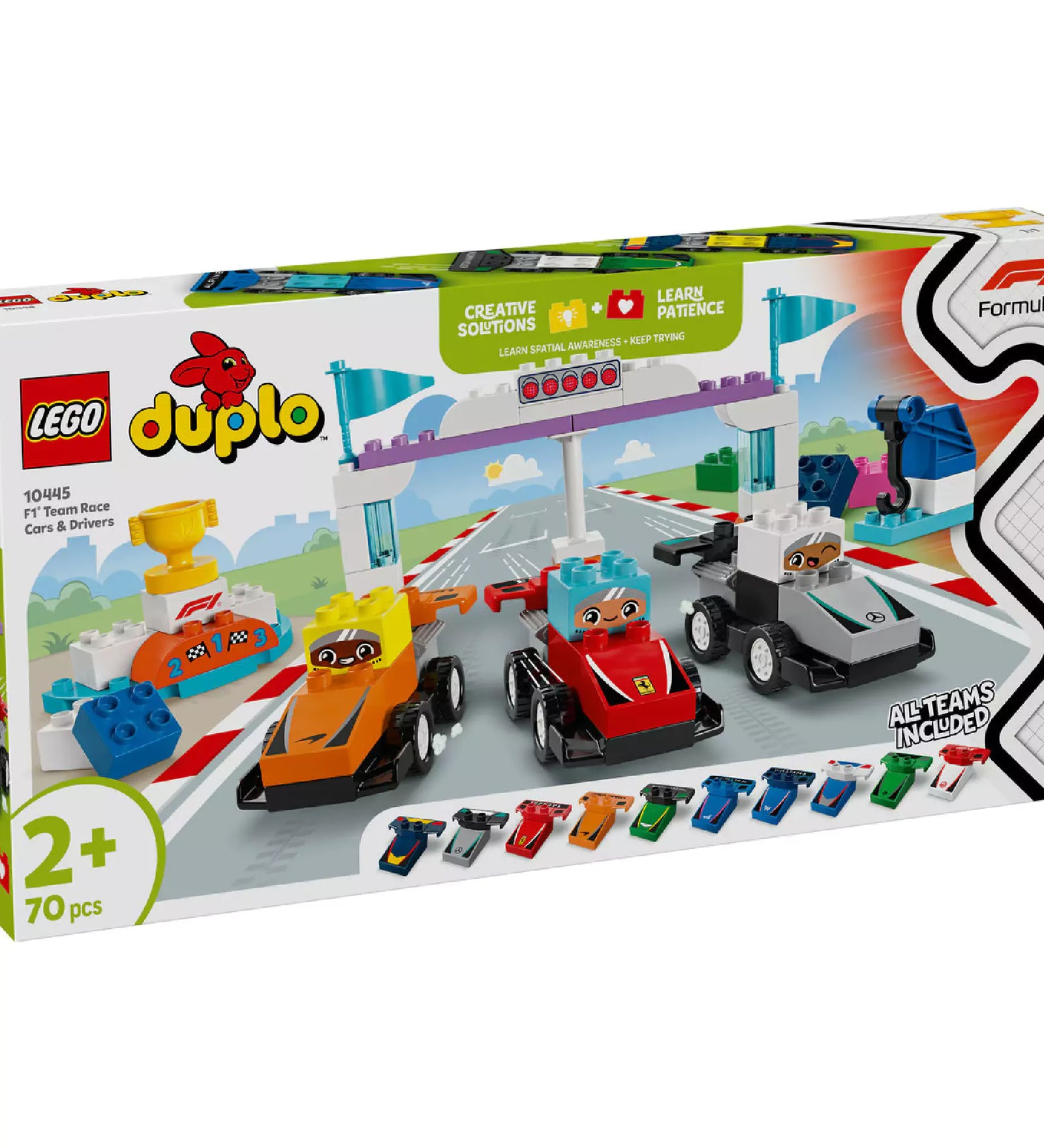 LEGO DUPLO F1 10445 készlet doboza elölnézetből, három színes versenyautóval és Forma-1 témájú tartalommal.