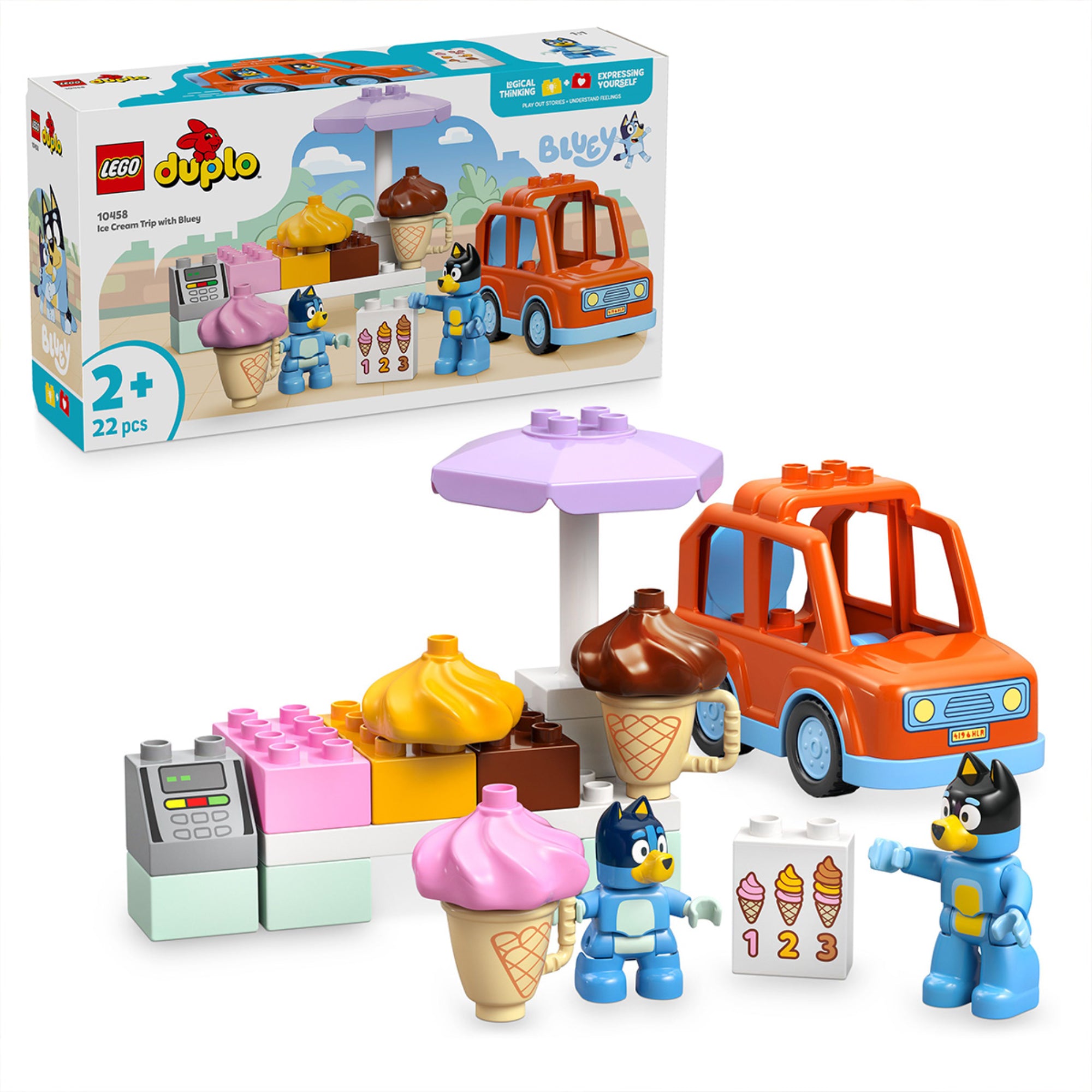 LEGO DUPLO Ice Cream Trip with Bluey (10458) készlet és doboz – A narancsszínű autó, fagyis stand, színes jégkrémek és Bluey figurák.