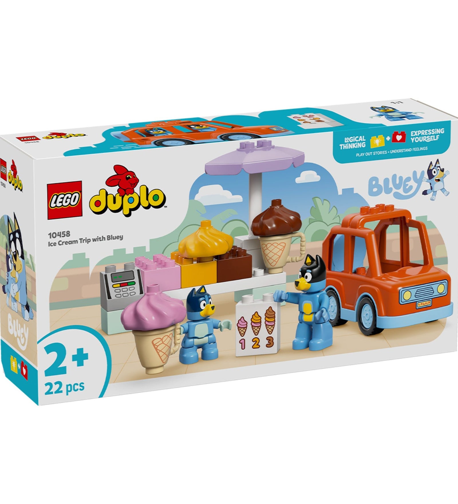 LEGO DUPLO Ice Cream Trip with Bluey (10458) dobozkép előlnézet – A csomag tartalma játékos illusztrációval és a Bluey karakterekkel.