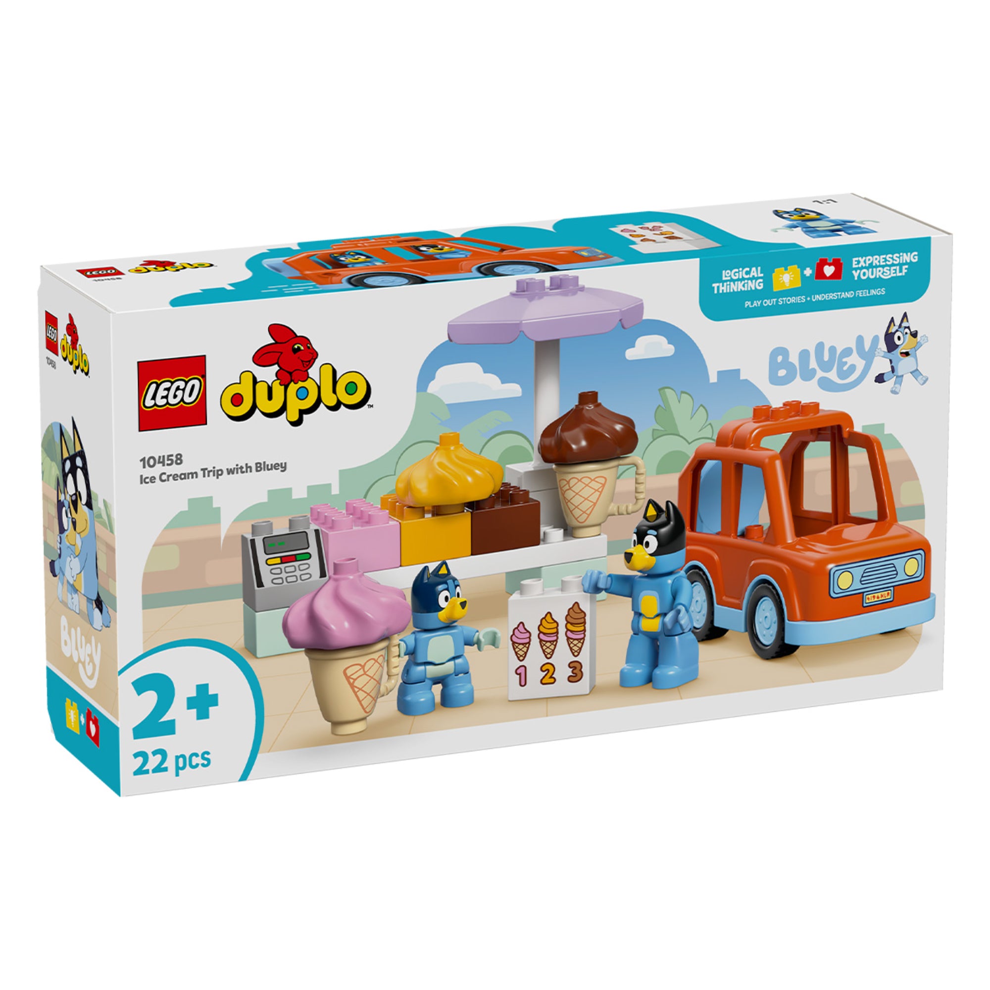 LEGO DUPLO Ice Cream Trip with Bluey (10458) dobozkép előlnézet – A csomag tartalma játékos illusztrációval és a Bluey karakterekkel.