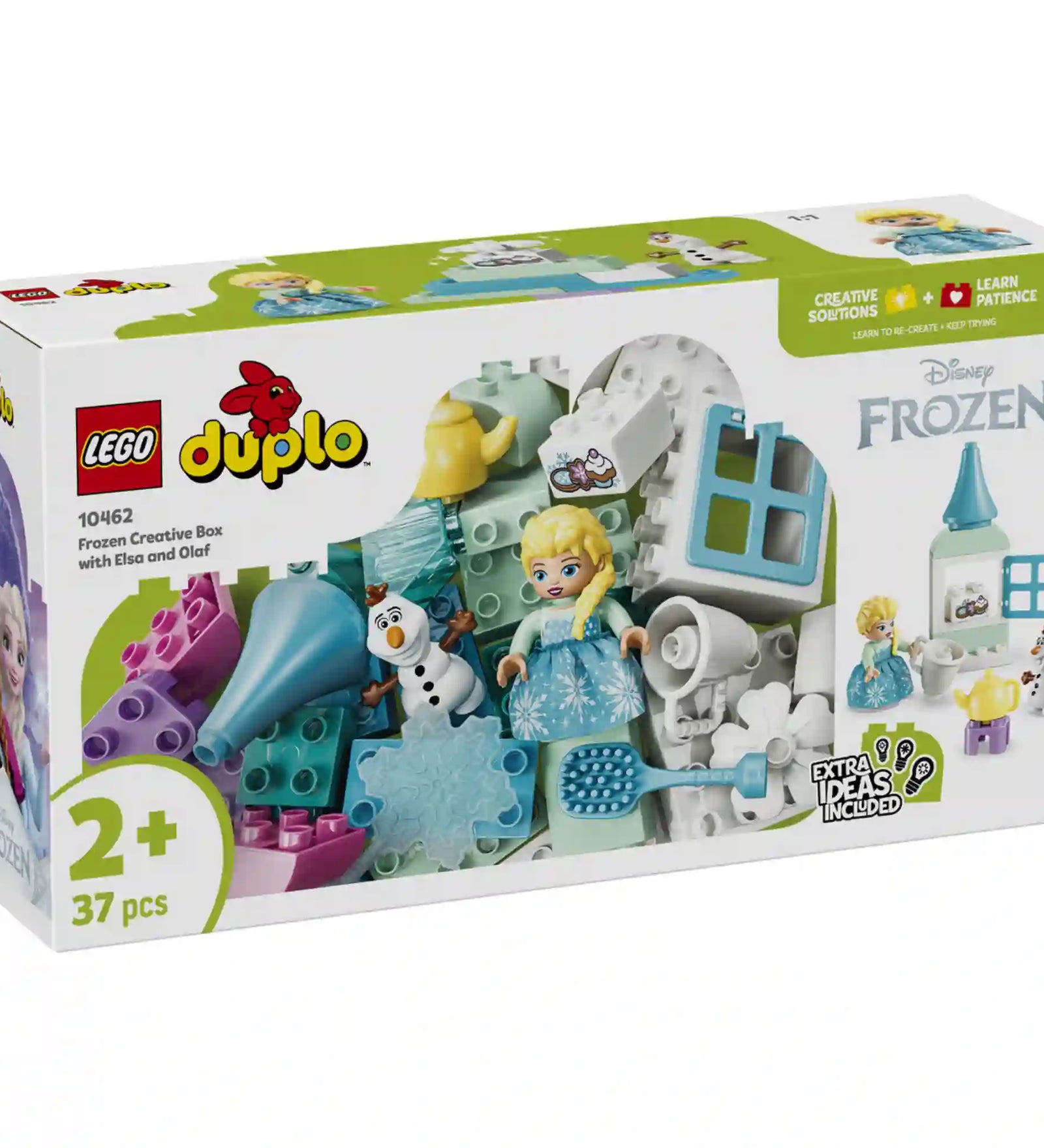 LEGO DUPLO Disney Jégvarázs Elsa és Olaf kreatív építőkészlet (10462) termékbemutató képe, a doboz elejével, Elsa és Olaf figurákkal, valamint a 37 darabos építőelemkészlettel.