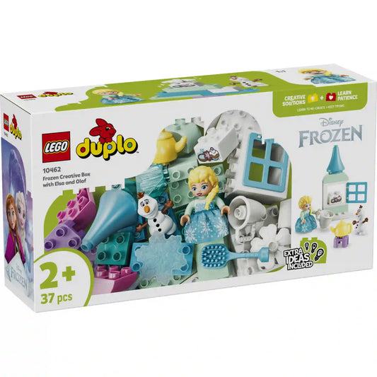LEGO DUPLO Disney Jégvarázs Elsa és Olaf kreatív építőkészlet (10462) termékbemutató képe, a doboz elejével, Elsa és Olaf figurákkal, valamint a 37 darabos építőelemkészlettel.