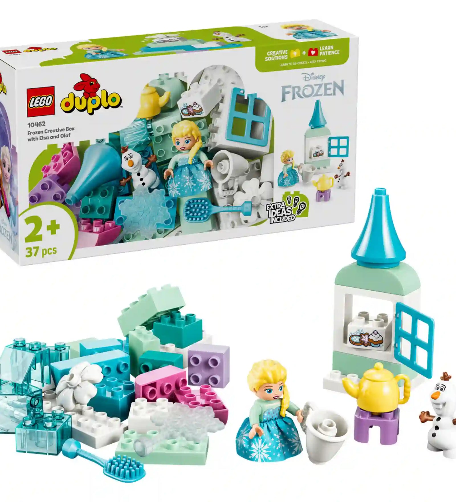LEGO DUPLO Disney Jégvarázs Elsa és Olaf kreatív építőkészlet (10462) dobozképe a teljes készlettel, Elsa és Olaf figurákkal, színes építőelemekkel és jégkastély-kiegészítőkkel.