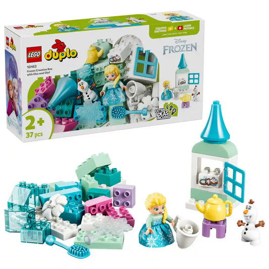 LEGO DUPLO Disney Jégvarázs Elsa és Olaf kreatív építőkészlet (10462) dobozképe a teljes készlettel, Elsa és Olaf figurákkal, színes építőelemekkel és jégkastély-kiegészítőkkel.