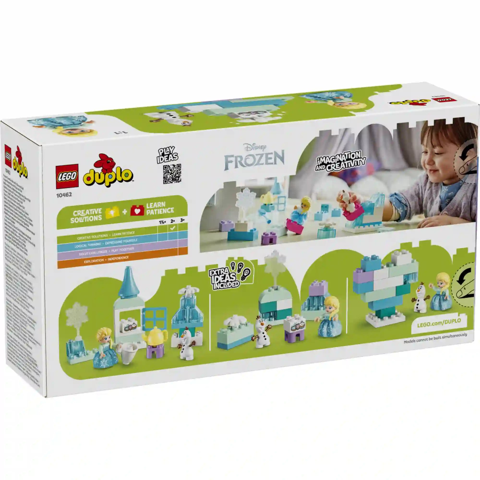 LEGO DUPLO Disney Jégvarázs Elsa és Olaf kreatív építőkészlet (10462) doboz hátoldala, amely különböző építési ötleteket, fejlesztő játékfunkciókat és alternatív modelleket mutat be.