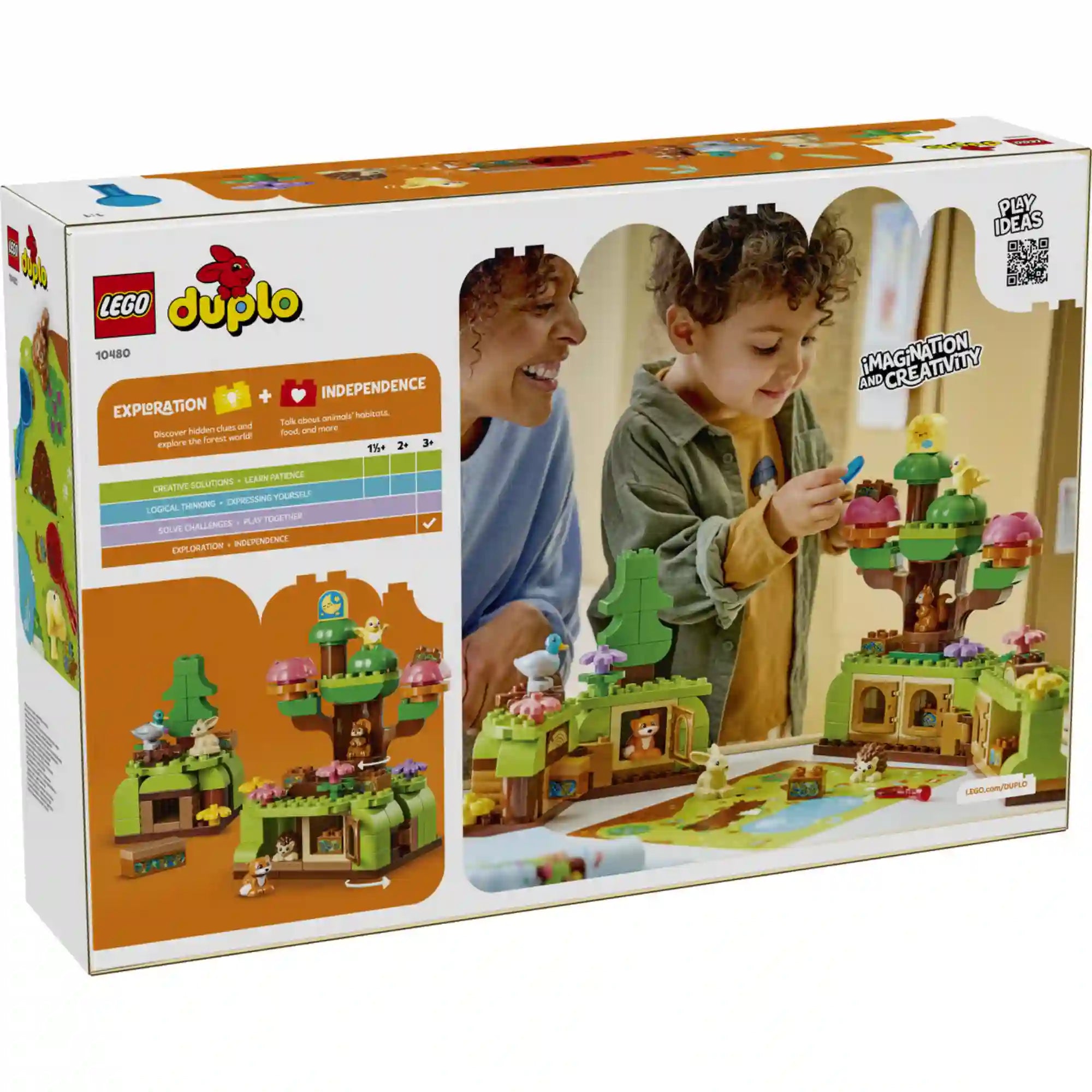 LEGO DUPLO Vadállatok erdei felfedezőkészlete (10480) dobozának hátoldala, amely a lombházat, az erdei búvóhelyeket, az állatfigurákat és a készlettel játszó gyermeket mutatja be.