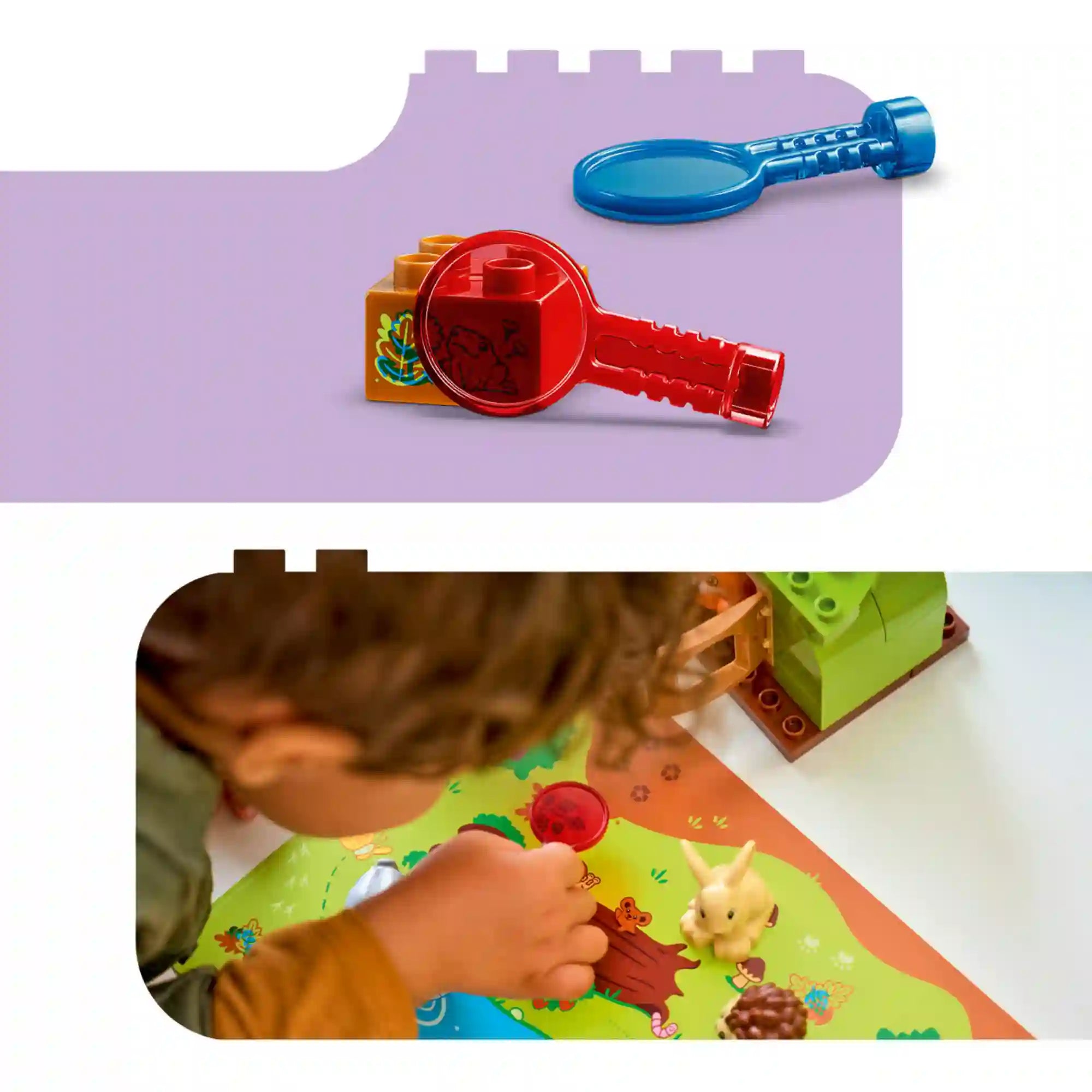 LEGO DUPLO Vadállatok erdei felfedezőkészlete (10480) nagyító kiegészítőkkel és nyomkereső elemekkel, miközben egy kisgyermek az interaktív erdei játékszőnyegen kutatja az állatok nyomait.