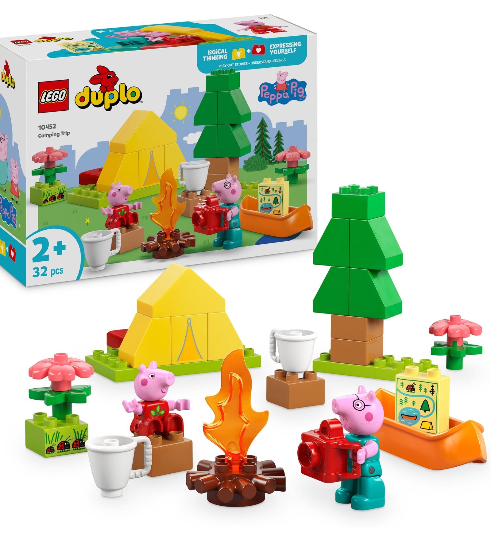 A képen a LEGO DUPLO Peppa malac – Kempingezős kirándulás (10452) szett látható, amely egy vidám, 2 éves kortól ajánlott építőjáték. A készletben Peppa malac és Papa malac figurái mellett egy sárga sátor, tábortűz, kenu, fényképezőgép, bögrék, térkép és fák is megtalálhatók, hogy a kicsik izgalmas természetjáró kalandokat játszhassanak el. Tökéletes választás Peppa-rajongóknak és kis felfedezőknek!