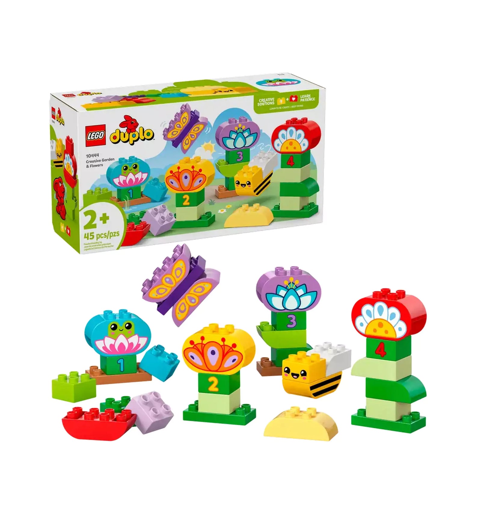 LEGO DUPLO Kreatív kert és virágok (10444) építőkészlet csomagolása, amely 2 éves és annál idősebb gyermekek számára készült, színes virágokat és állatfigurákat tartalmaz.