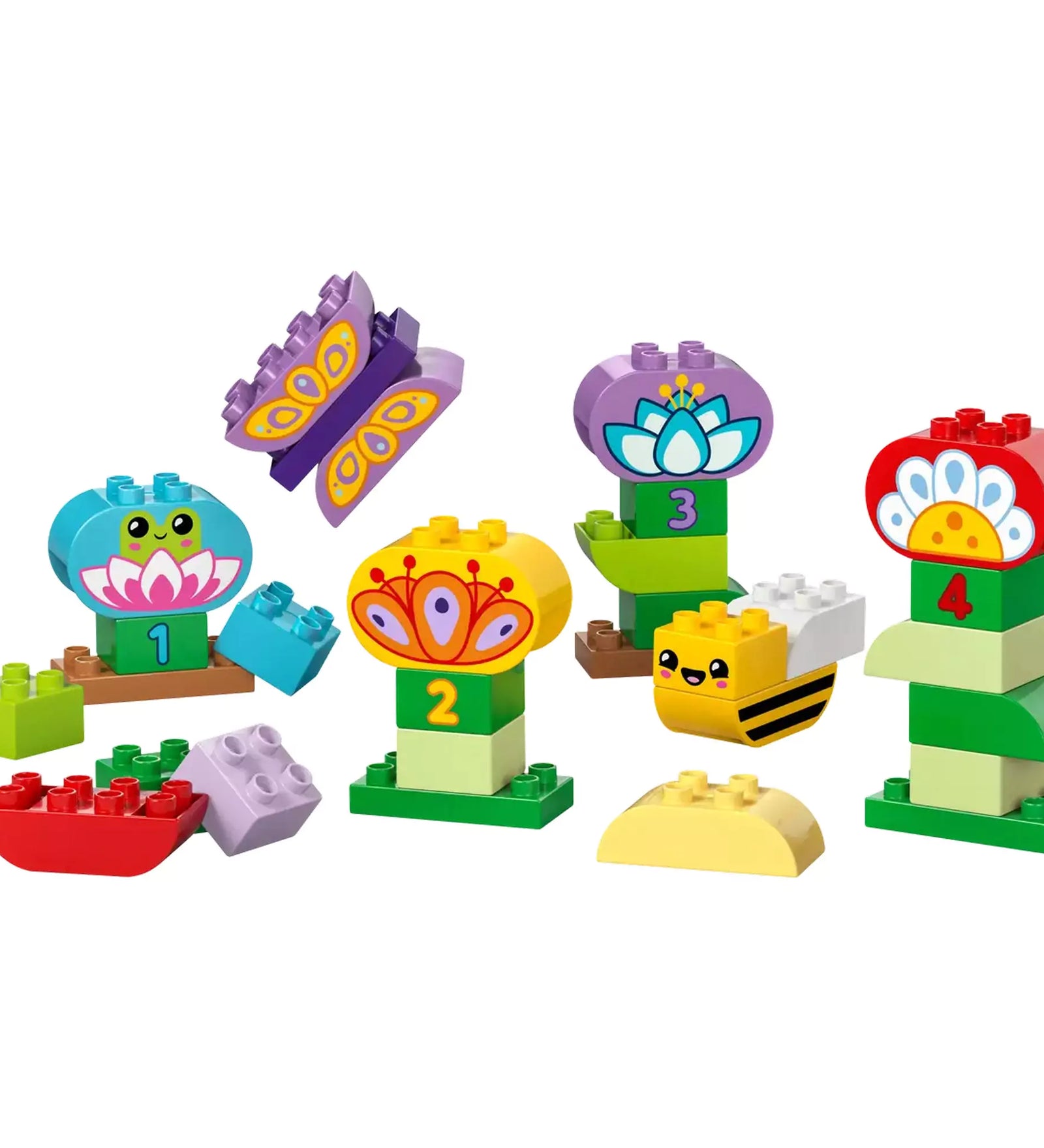 A LEGO DUPLO Kreatív kert és virágok (10444) építőelemei, amelyek színes virágokat és aranyos állatfigurákat ábrázolnak, tökéletesek a kicsik kreativitásának fejlesztésére