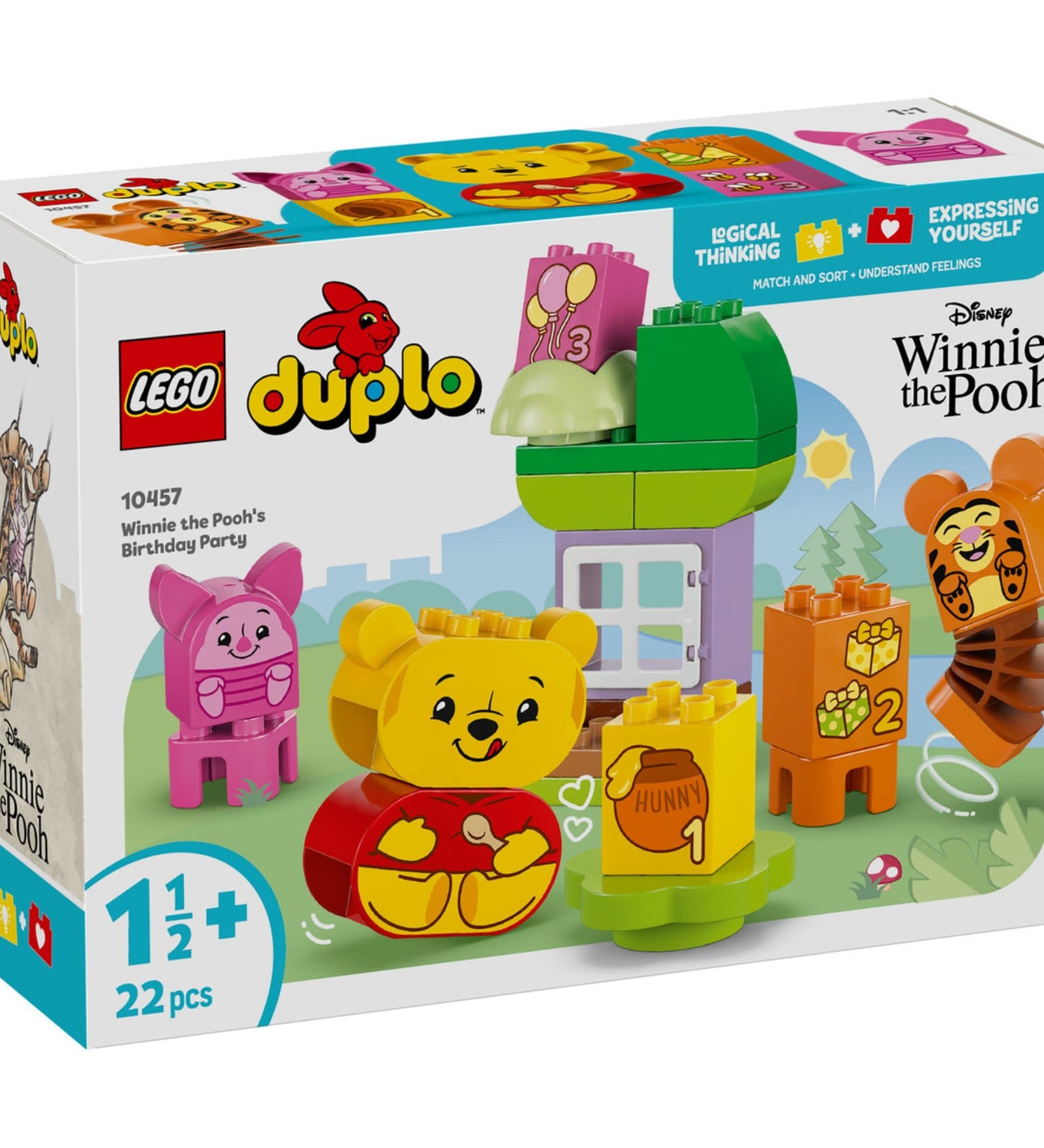 A LEGO DUPLO Micimackó Születésnapi Buli (10457) doboza, amelyen a színes építőkészlet látható Micimackó, Malacka és Tigris figuráival, valamint számos interaktív elemmel.