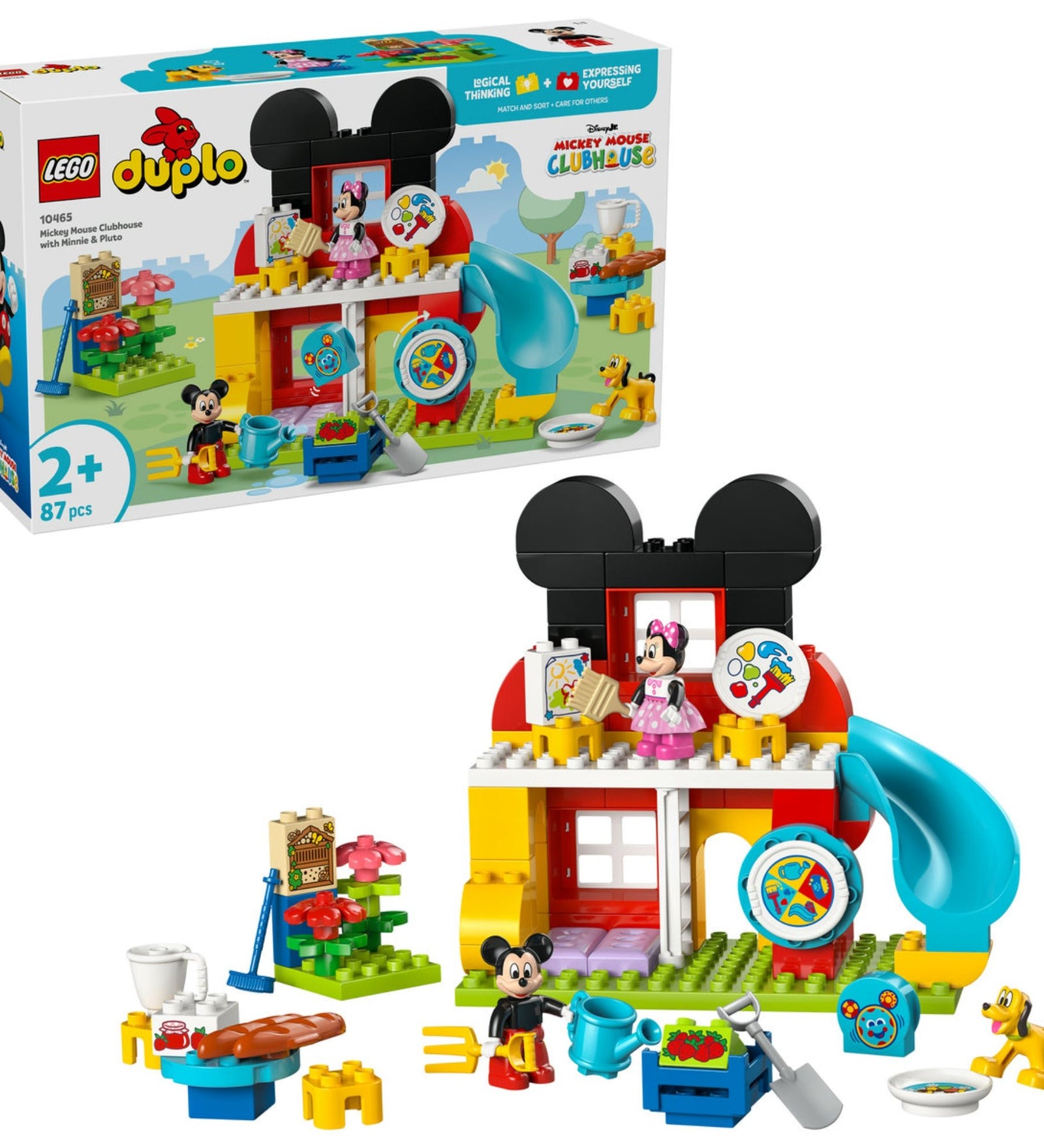 LEGO DUPLO 10465 Mickey Mouse Clubhouse with Minnie & Pluto készlet doboza és az összeépített Mickey klubház csúszdával, figurákkal és játék kiegészítőkkel.