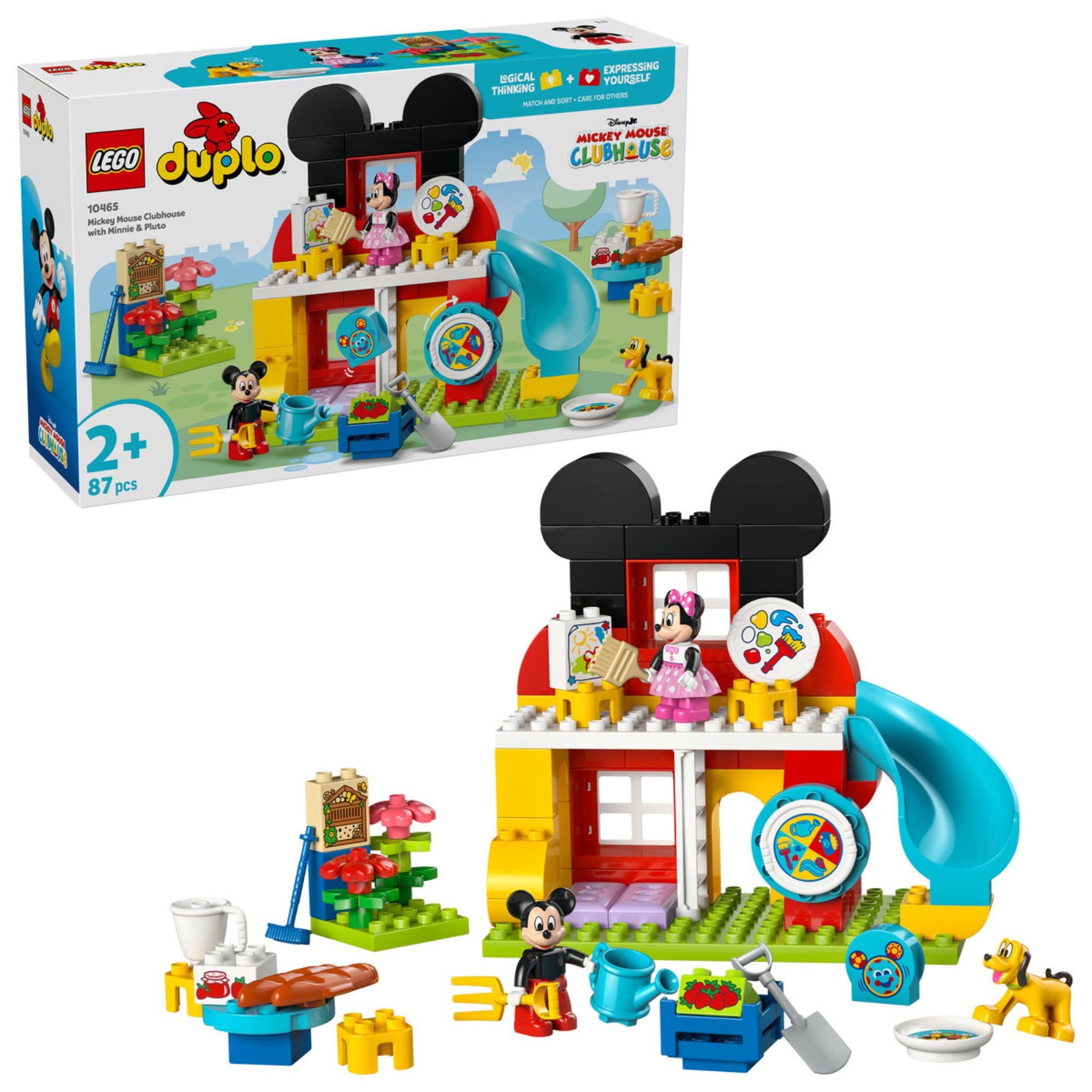 LEGO DUPLO 10465 Mickey Mouse Clubhouse with Minnie & Pluto készlet doboza és az összeépített Mickey klubház csúszdával, figurákkal és játék kiegészítőkkel.