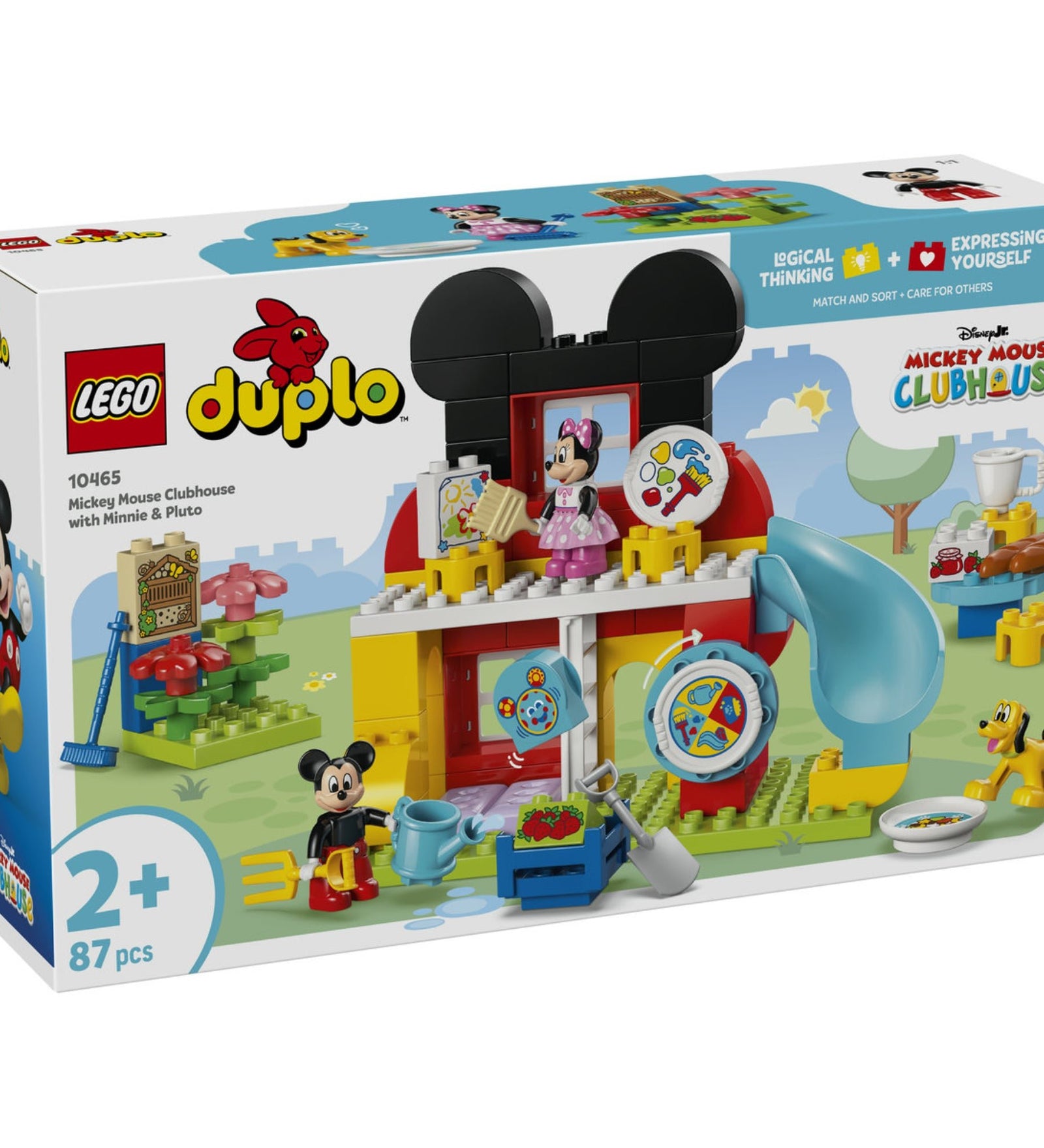 LEGO DUPLO 10465 Mickey Mouse Clubhouse with Minnie & Pluto dobozkép, Mickey, Minnie és Pluto figurákkal, csúszdás klubházzal és kiegészítőkkel.