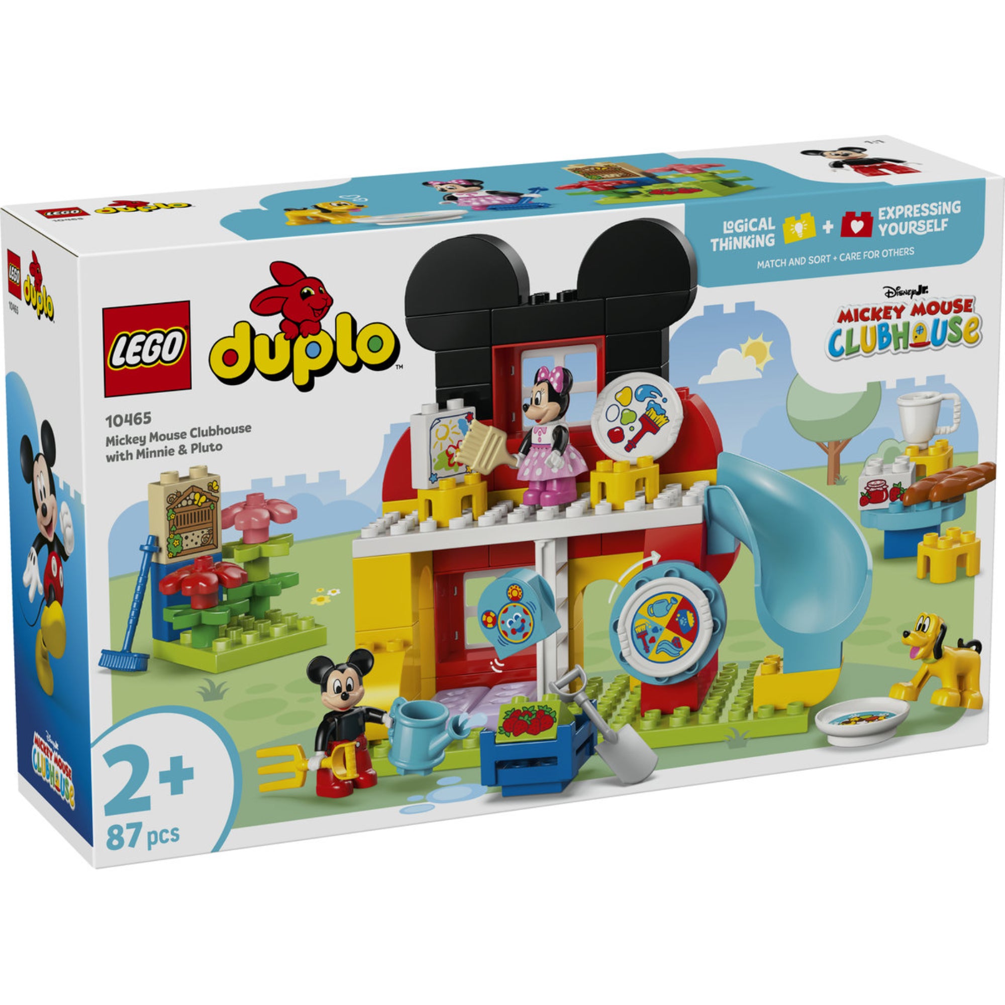 LEGO DUPLO 10465 Mickey Mouse Clubhouse with Minnie & Pluto dobozkép, Mickey, Minnie és Pluto figurákkal, csúszdás klubházzal és kiegészítőkkel.