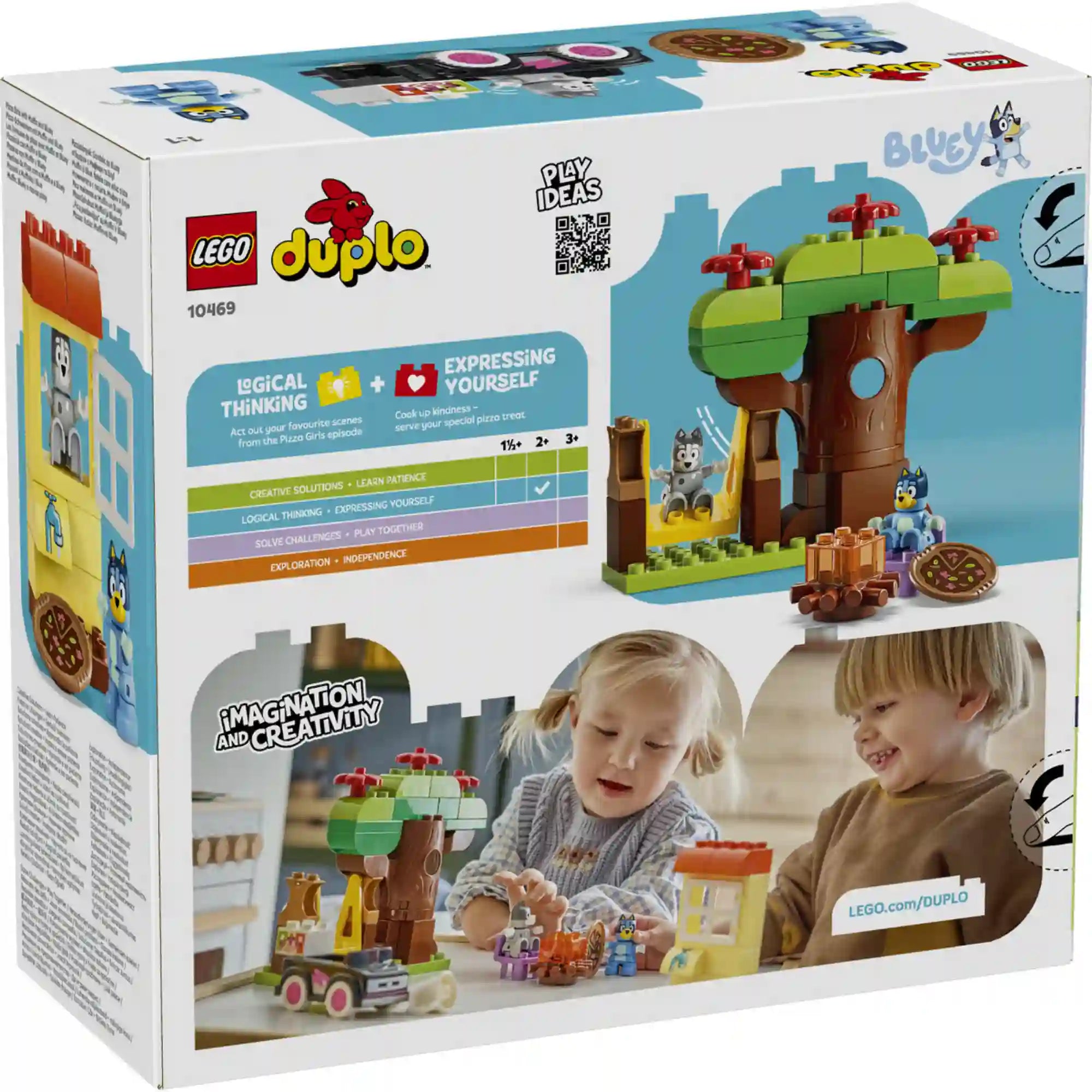 LEGO DUPLO Bluey: Pizza parti Muffinnal és Bluey-val (10469) doboz hátoldala építési ötletekkel, fejlesztő készségeket bemutató grafikákkal és Bluey világának játékjeleneteivel.