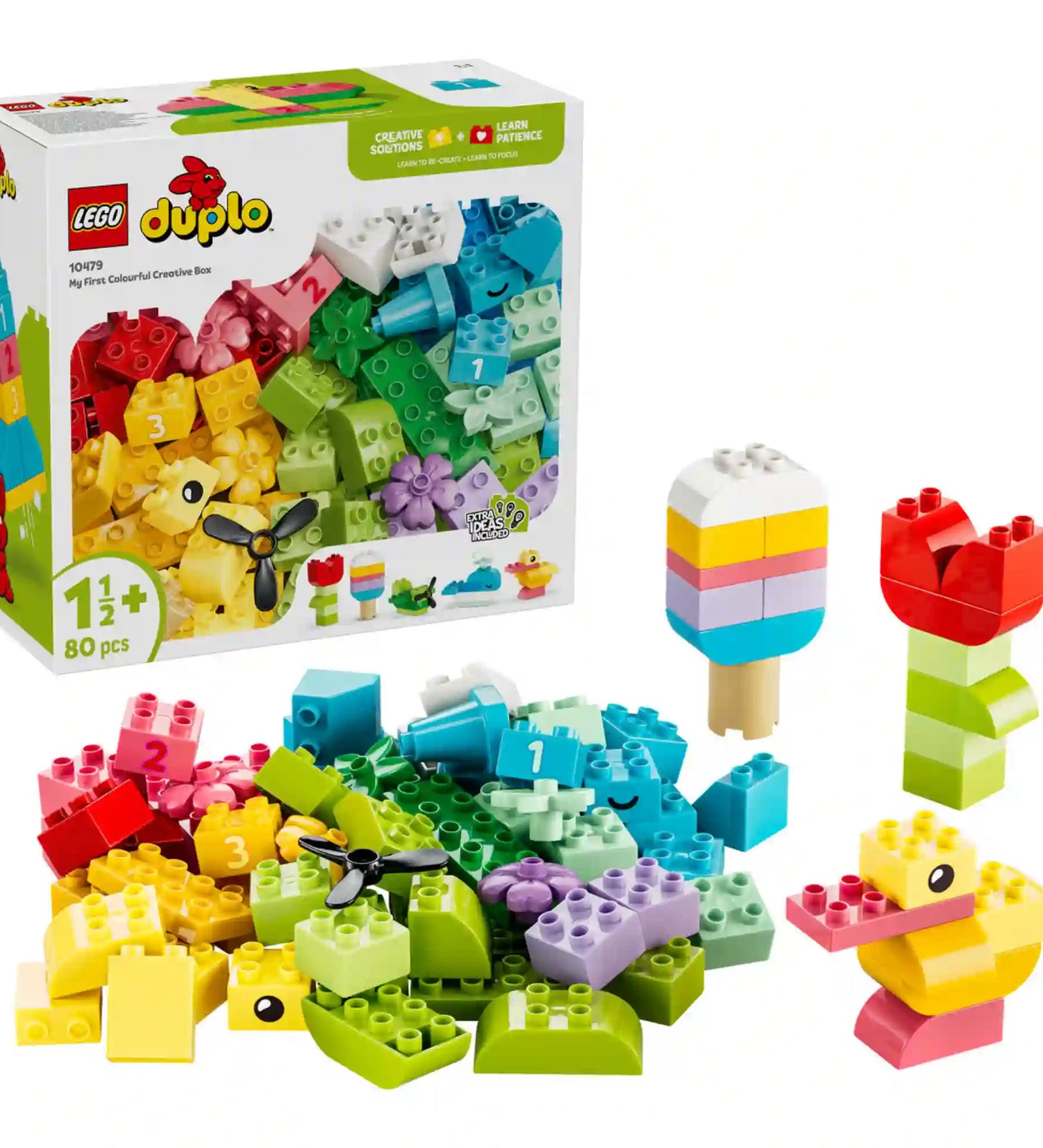 LEGO DUPLO Első színes kreatív dobozom (10479) készlet a dobozzal együtt, színes DUPLO elemekkel, virág-, fagylalt-, madár- és hajómodellekkel, amelyek fejlesztik a kreativitást és a finommotorikát.