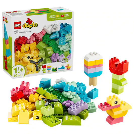 LEGO DUPLO Első színes kreatív dobozom (10479) készlet a dobozzal együtt, színes DUPLO elemekkel, virág-, fagylalt-, madár- és hajómodellekkel, amelyek fejlesztik a kreativitást és a finommotorikát.