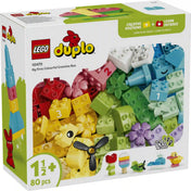LEGO DUPLO Első színes kreatív dobozom (10479) dobozképe, amely a 80 darabos készlet színes építőelemeit, számozott kockáit, virágait és kreatív építési ötleteit mutatja be.