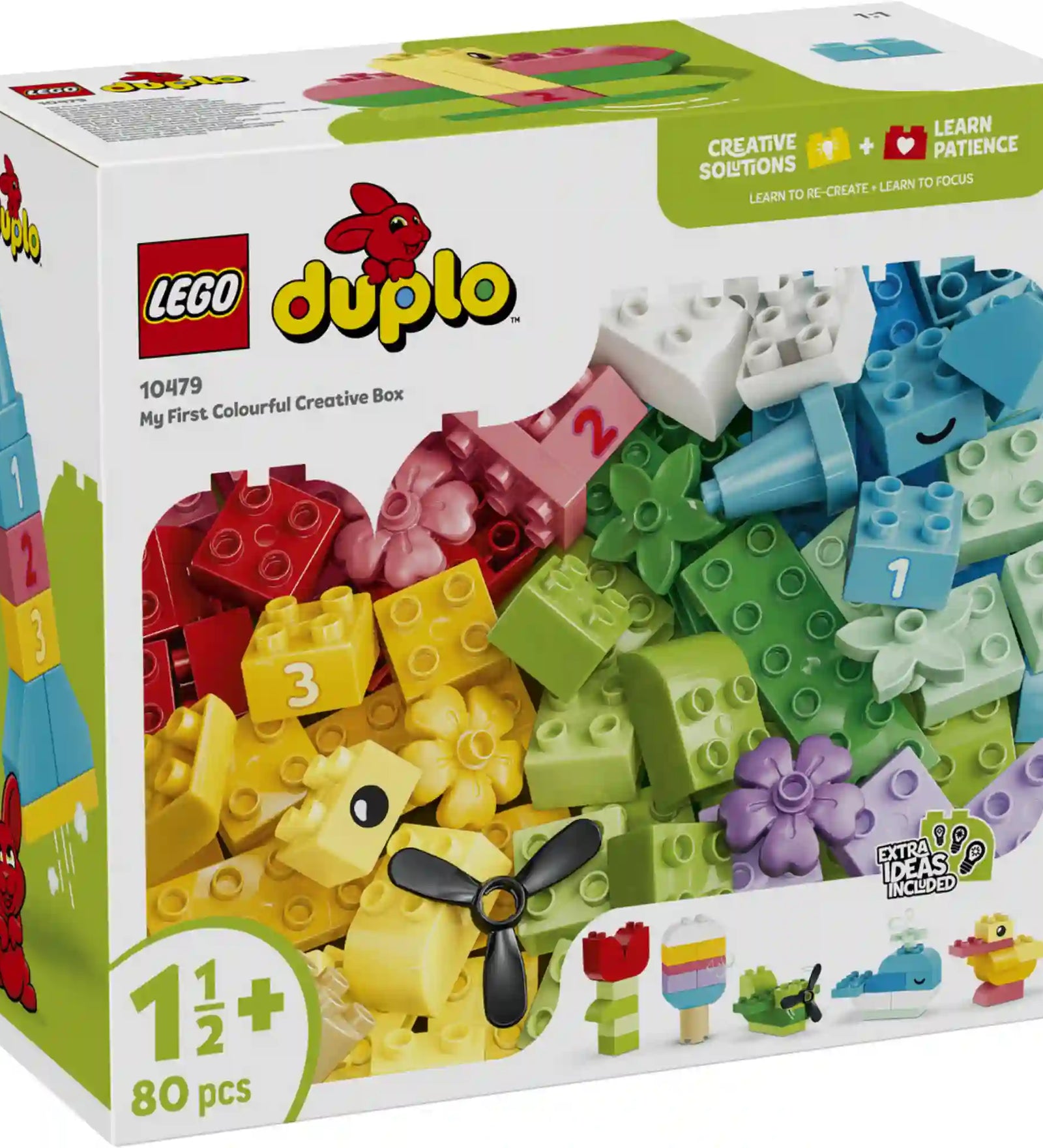 LEGO DUPLO Első színes kreatív dobozom (10479) dobozképe, amely a 80 darabos készlet színes építőelemeit, számozott kockáit, virágait és kreatív építési ötleteit mutatja be.