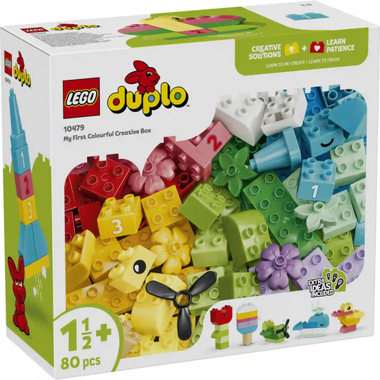 LEGO DUPLO Első színes kreatív dobozom (10479) dobozképe, amely a 80 darabos készlet színes építőelemeit, számozott kockáit, virágait és kreatív építési ötleteit mutatja be.