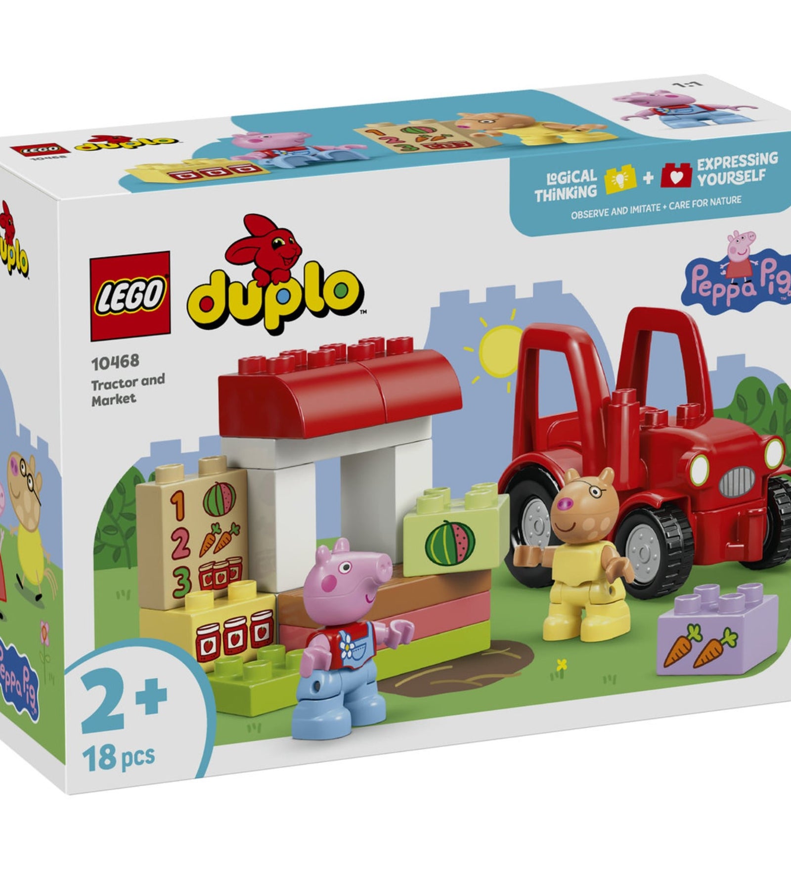 LEGO DUPLO 10468 Tractor and Market dobozkép, piaci standdal, zöldséges kockákkal és piros traktorral.