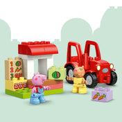 LEGO DUPLO 10468 Tractor and Market játékkészlet piaci standdal, piros traktorral és Peppa malac figurával.