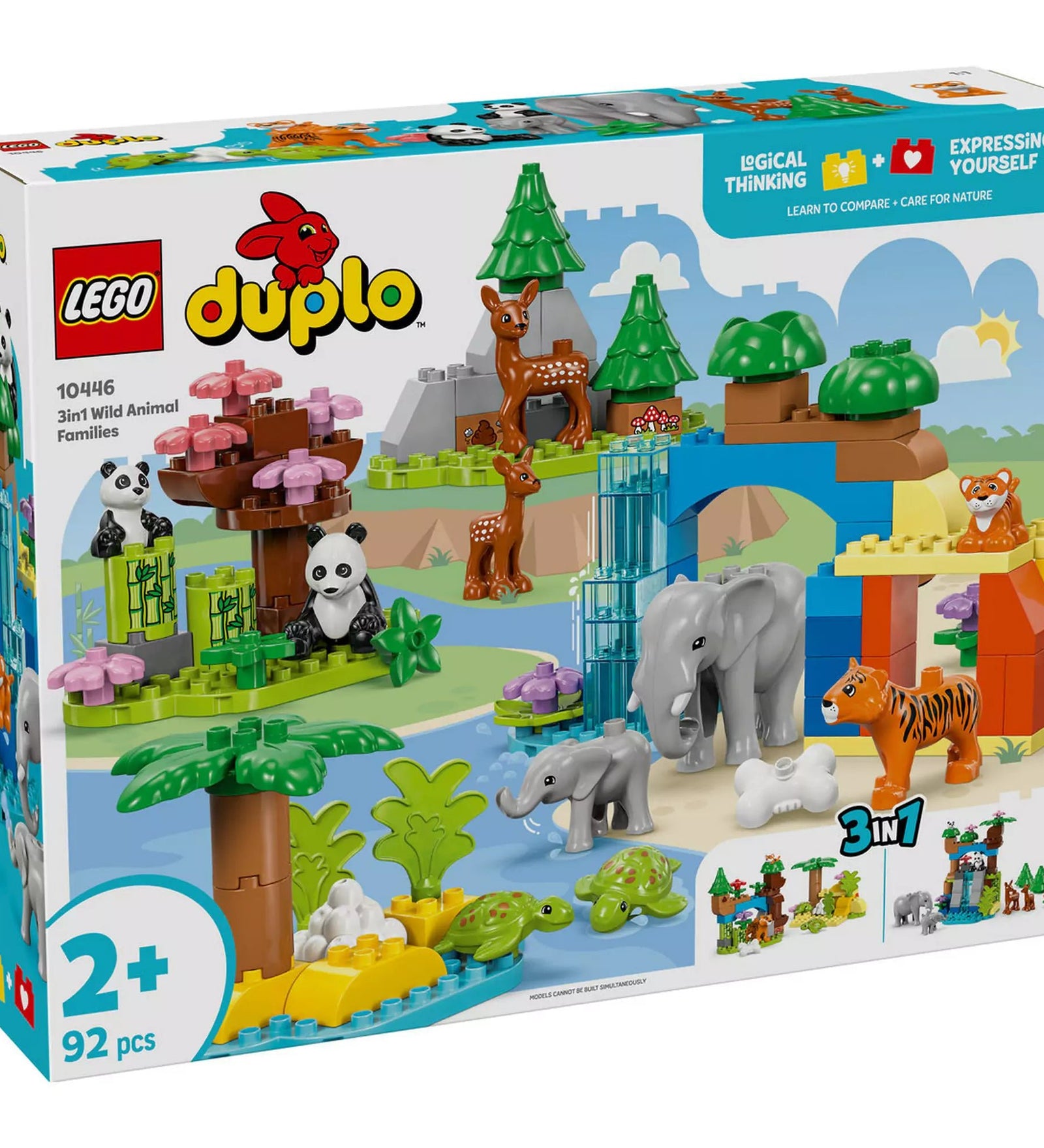LEGO DUPLO Vadállatcsaládok 3 az 1-ben építőkészlet, színes állatfigurákkal, mint például panda, őz, elefánt és tigris, valamint egy játékos természetes környezetben ábrázolt jelenet.